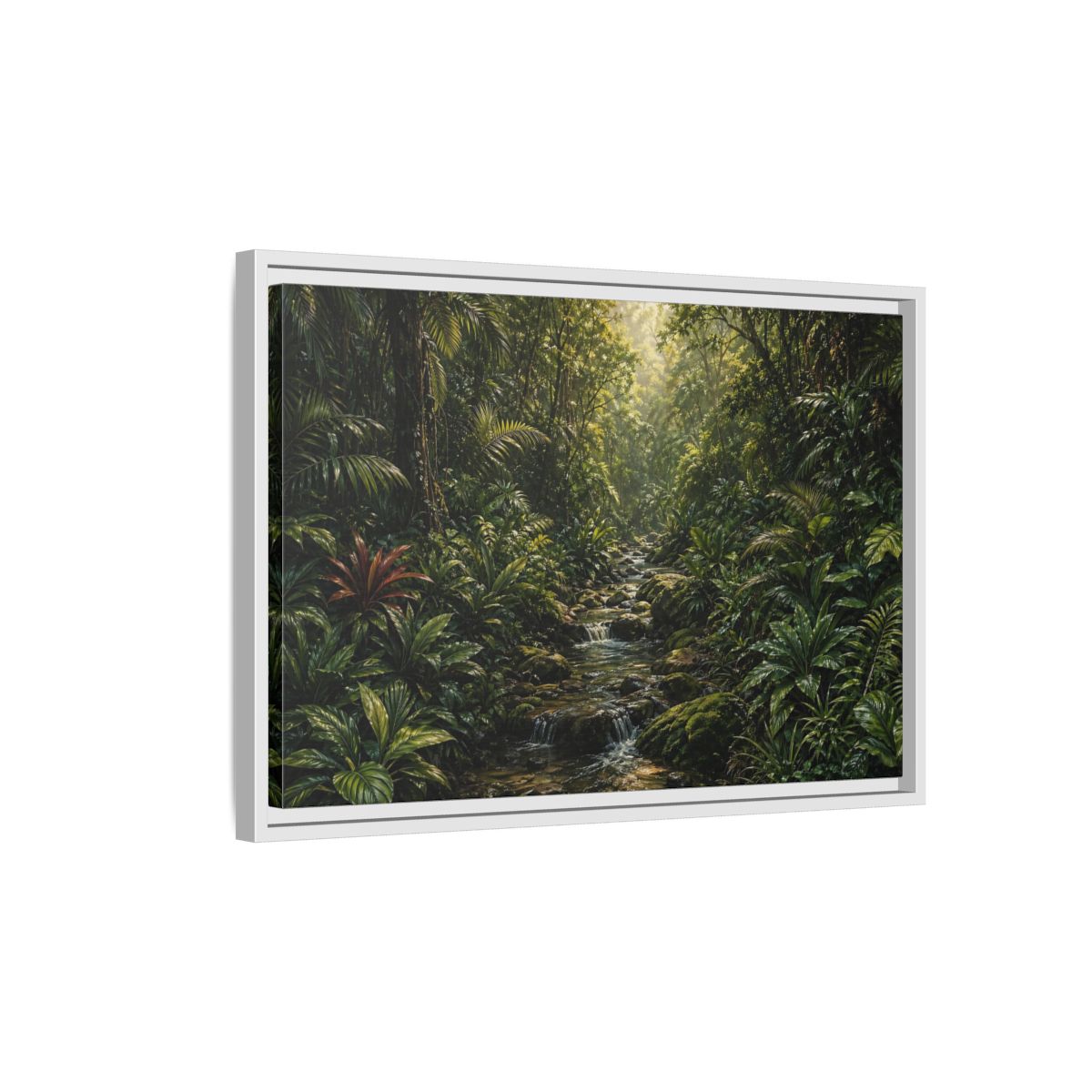 Side Mockup 1. Nature Jungle River Green Jungle shown as stretched canvas wall art