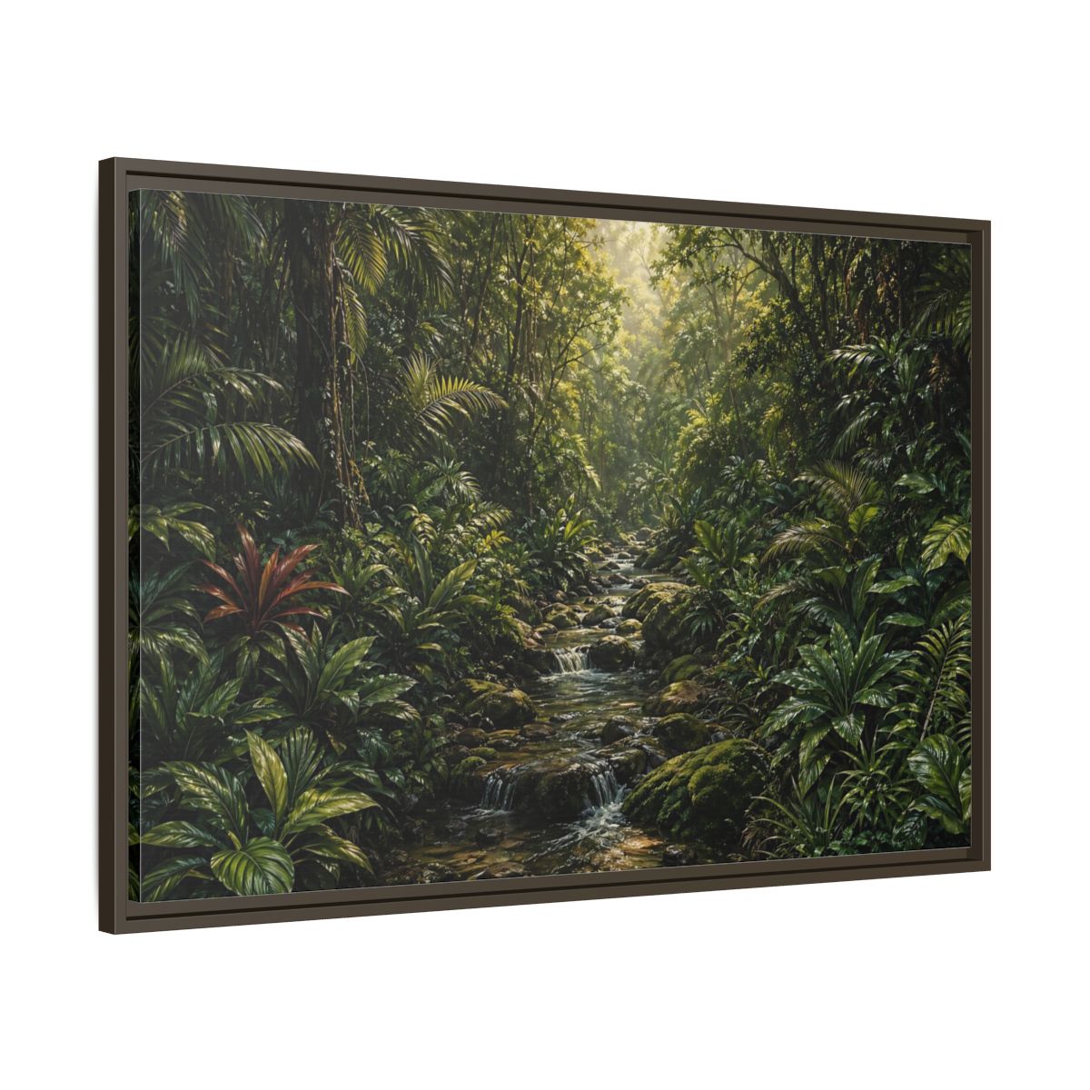 Main Mockup. Nature Jungle River Green Jungle shown as stretched canvas wall art