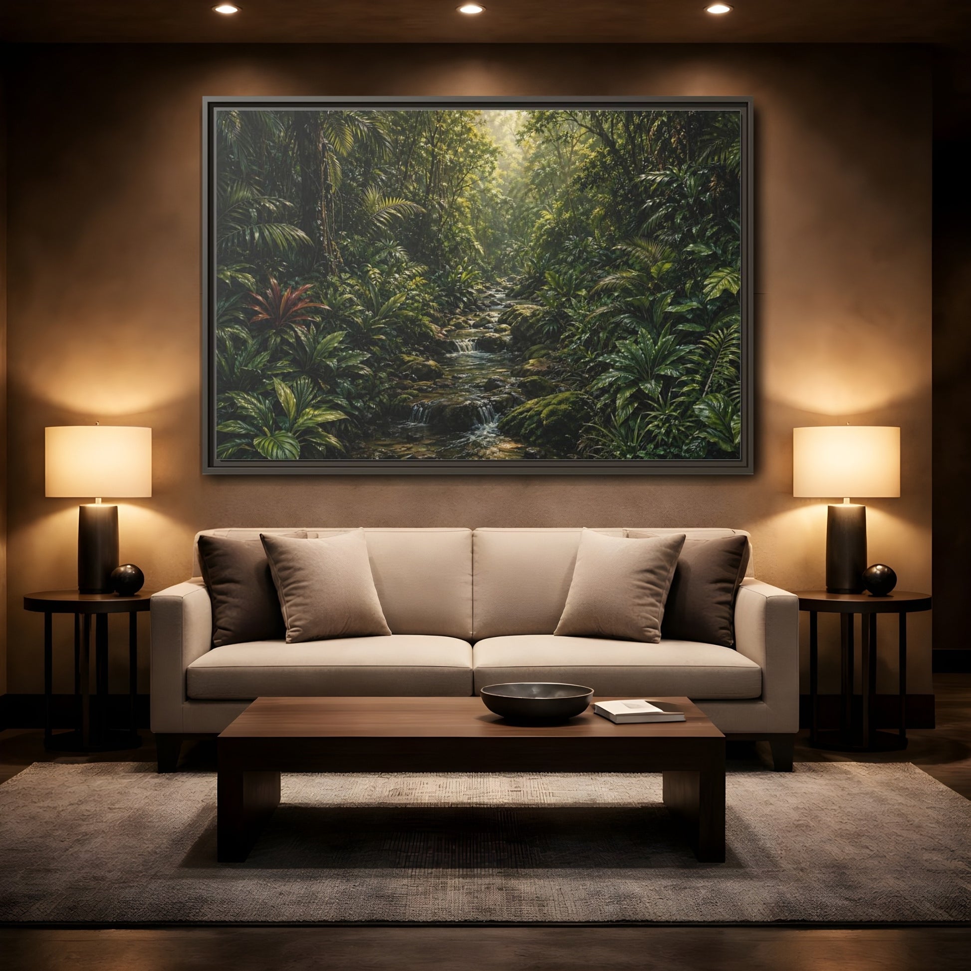 Mockup 2. Nature Jungle River Green Jungle shown as stretched canvas wall art