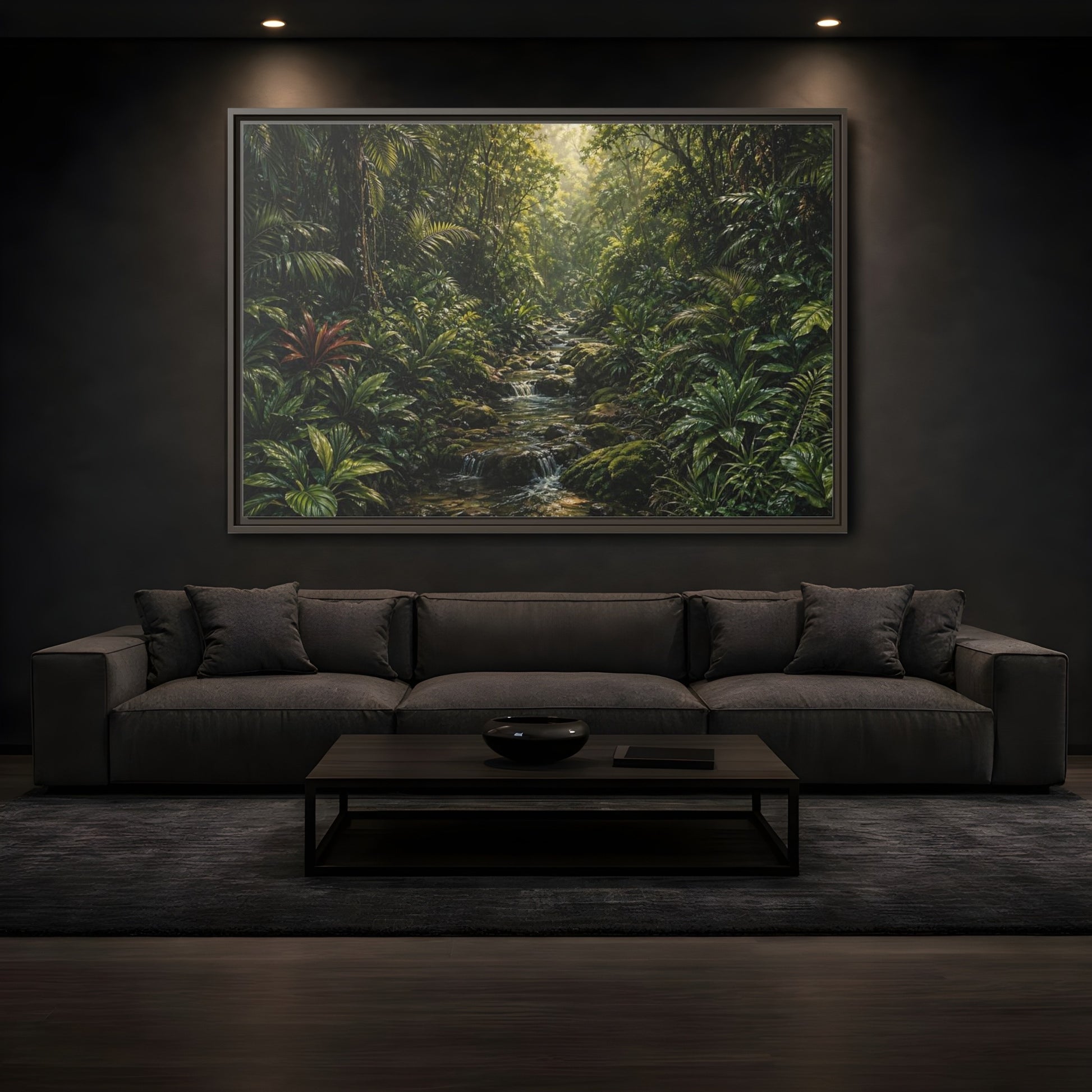 Mockup 3. Nature Jungle River Green Jungle shown as stretched canvas wall art