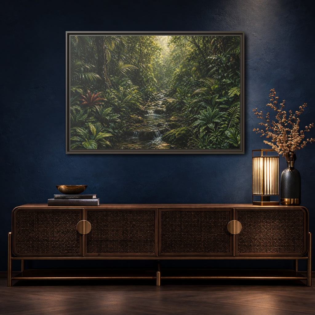 Mockup 4. Nature Jungle River Green Jungle shown as stretched canvas wall art