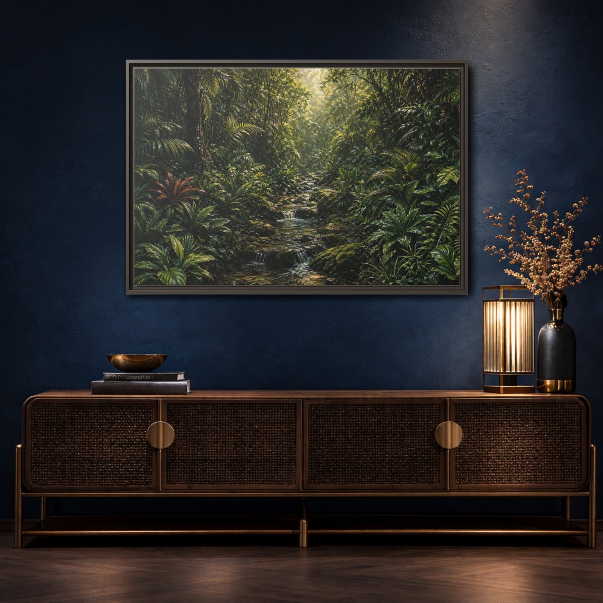 Mockup 4. Nature Jungle River Green Jungle shown as stretched canvas wall art