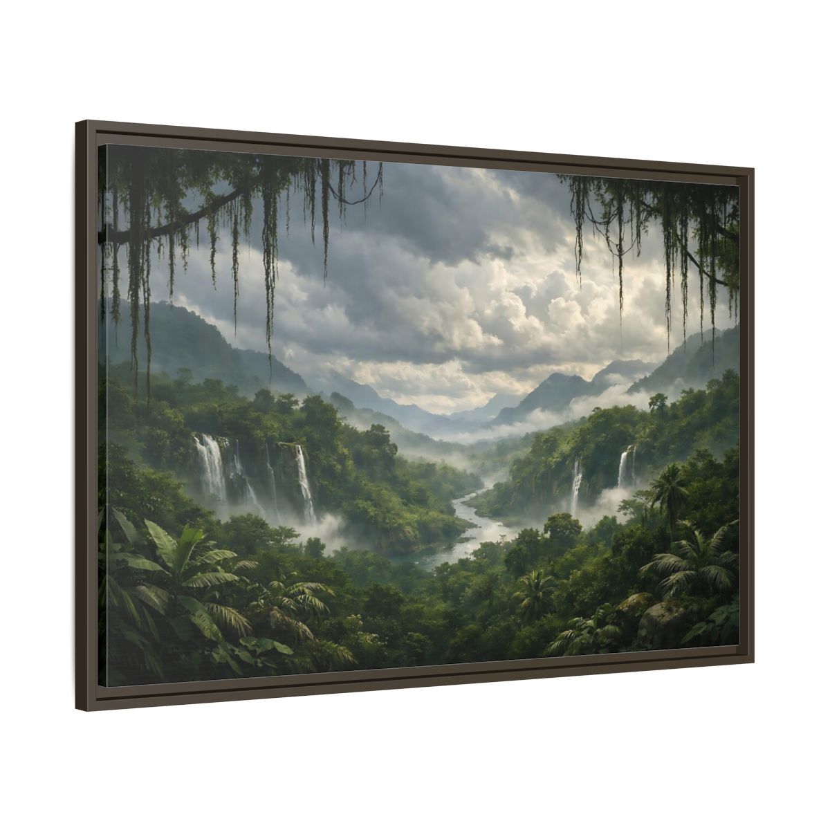 Main Mockup. Nature Jungle Waterfall Misty Rainforest shown as stretched canvas wall art