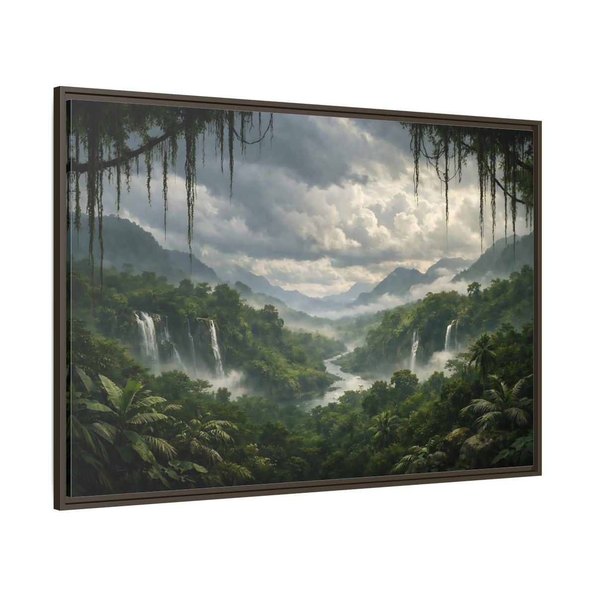Side Mockup 8. Nature Jungle Waterfall Misty Rainforest shown as stretched canvas wall art