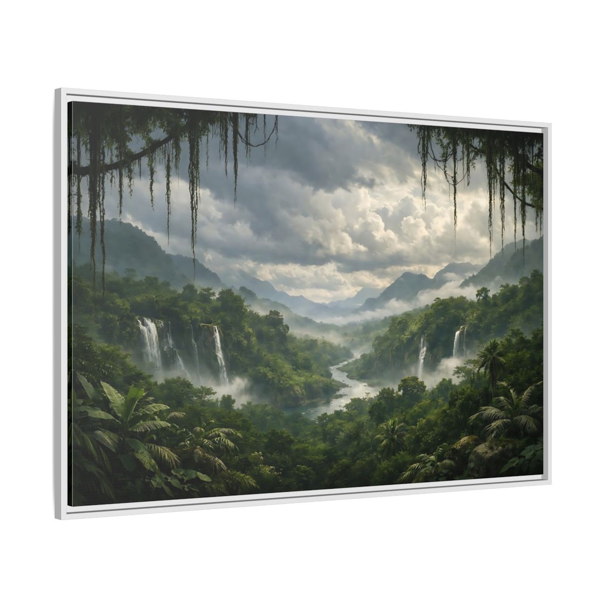 Side Mockup 7. Nature Jungle Waterfall Misty Rainforest shown as stretched canvas wall art
