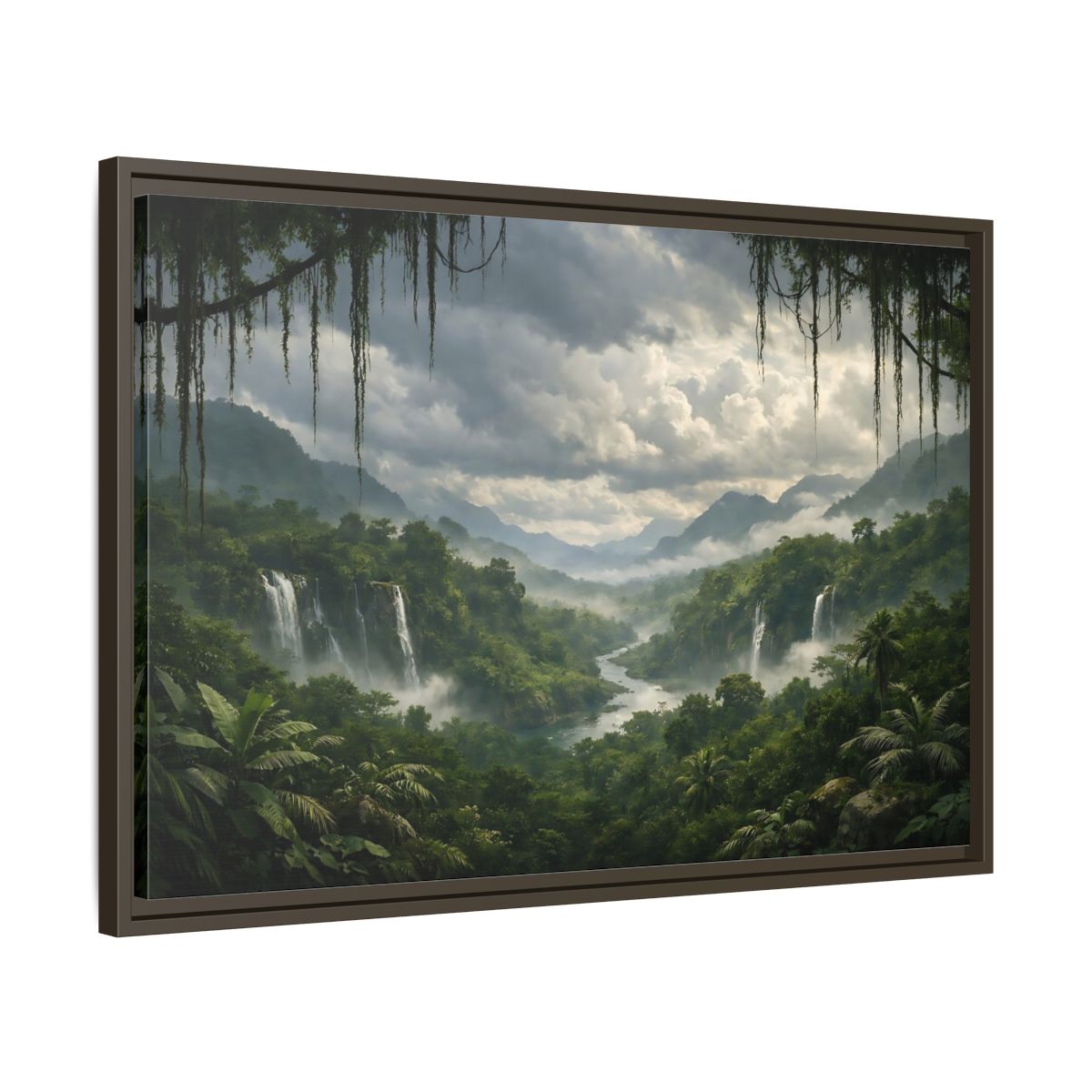 Side Mockup 11. Nature Jungle Waterfall Misty Rainforest shown as stretched canvas wall art