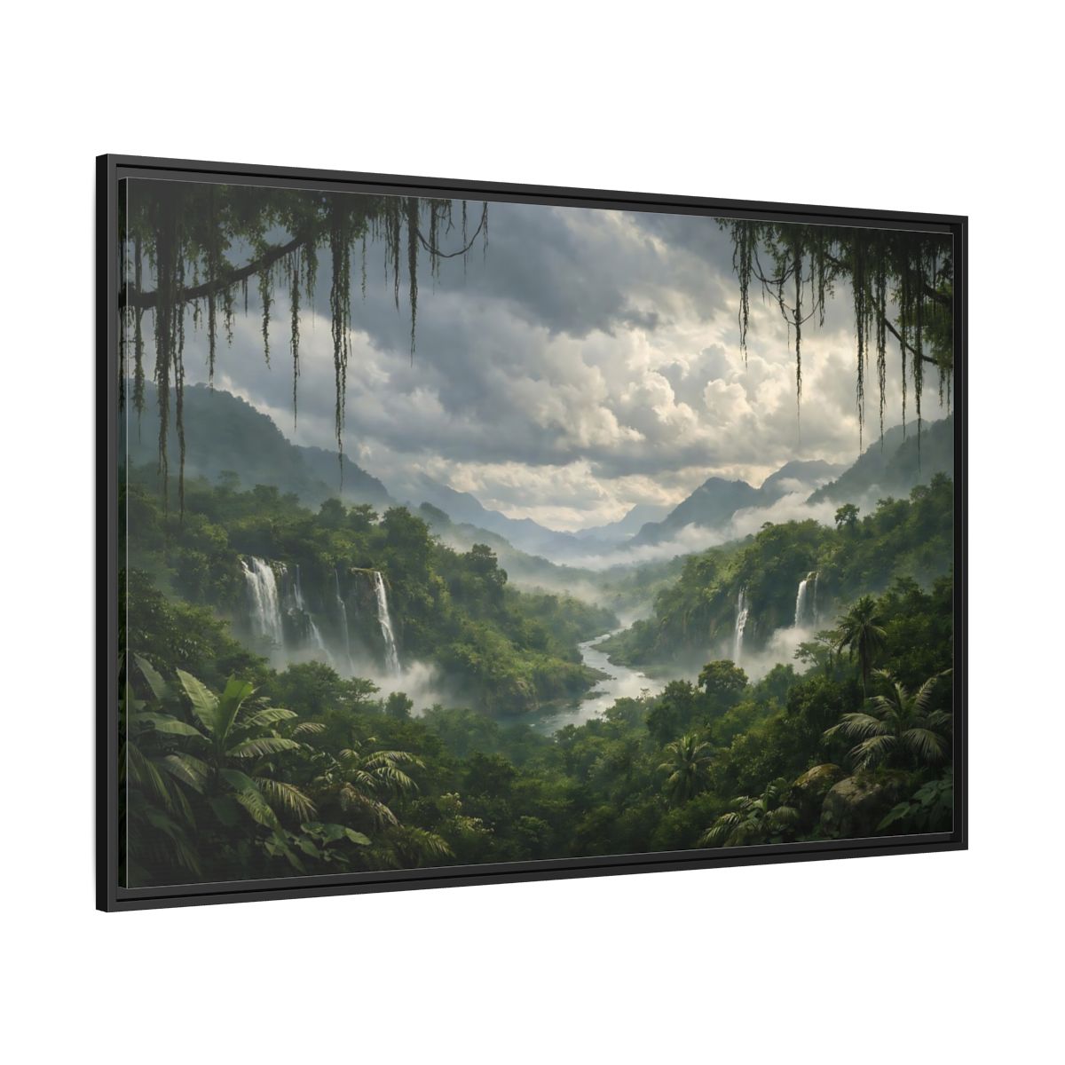 Side Mockup 12. Nature Jungle Waterfall Misty Rainforest shown as stretched canvas wall art