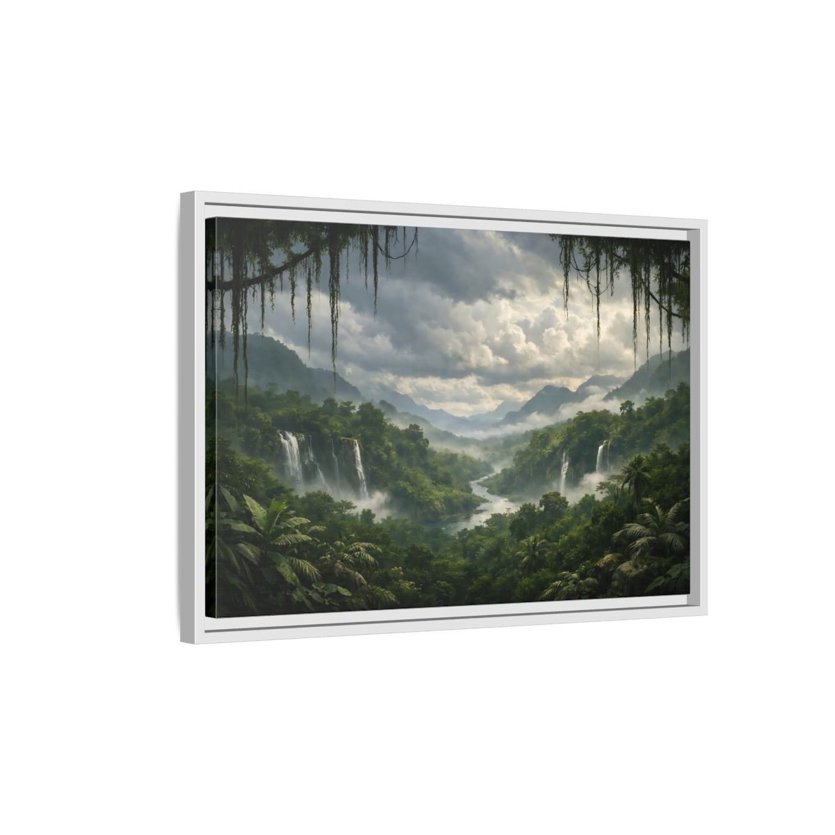 Side Mockup 1. Nature Jungle Waterfall Misty Rainforest shown as stretched canvas wall art