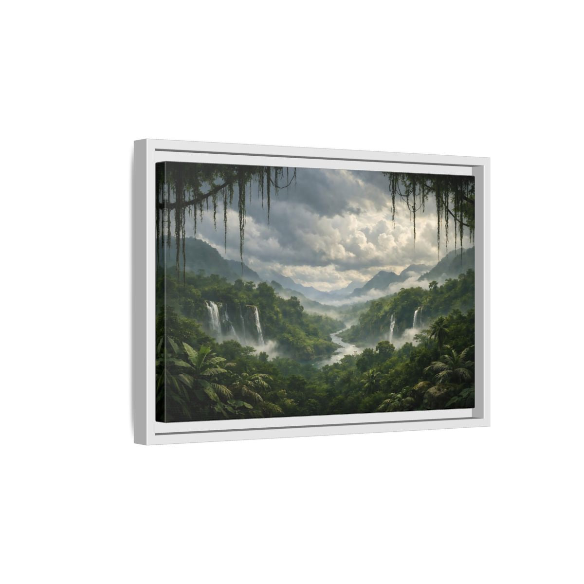 Side Mockup 4. Nature Jungle Waterfall Misty Rainforest shown as stretched canvas wall art