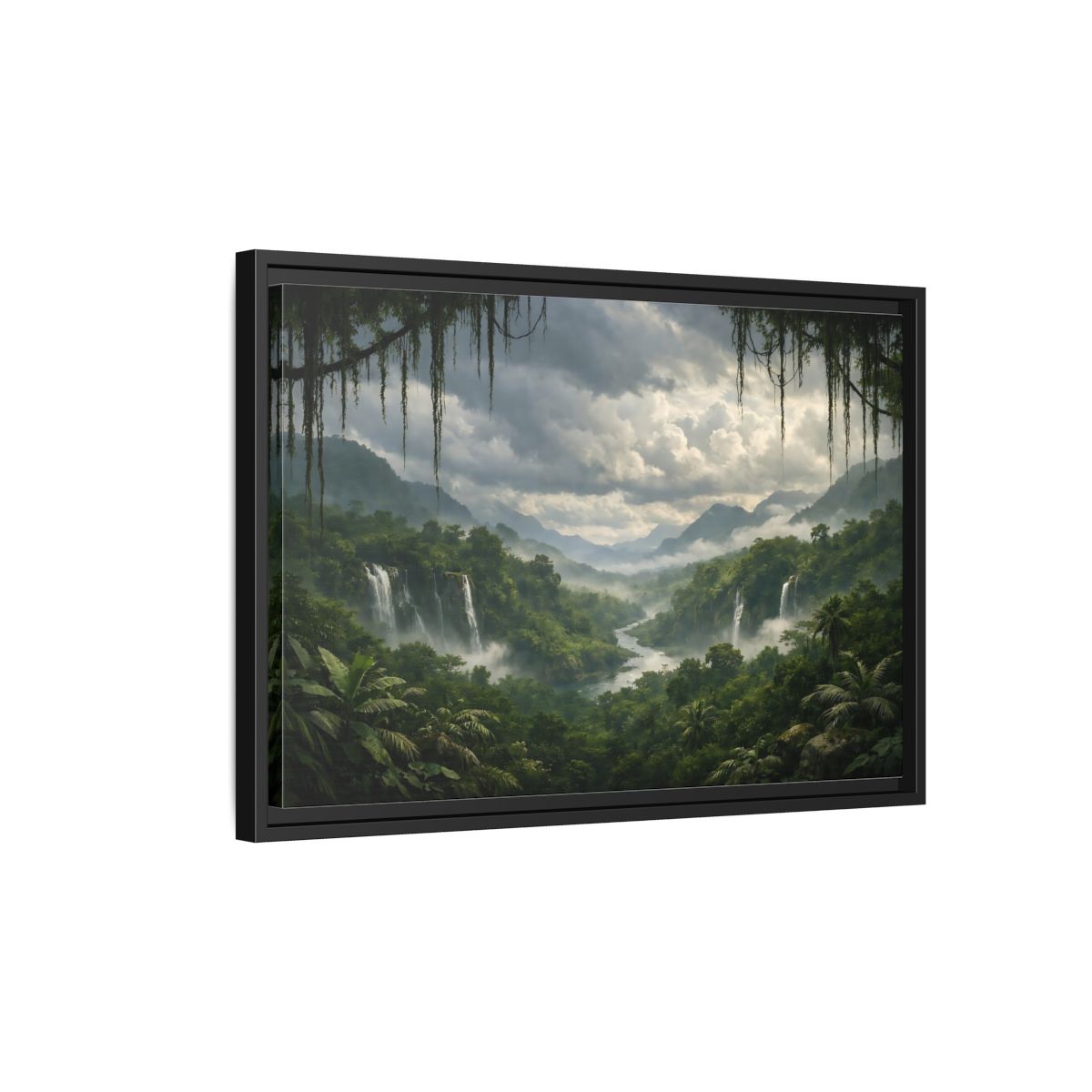 Side Mockup 3. Nature Jungle Waterfall Misty Rainforest shown as stretched canvas wall art