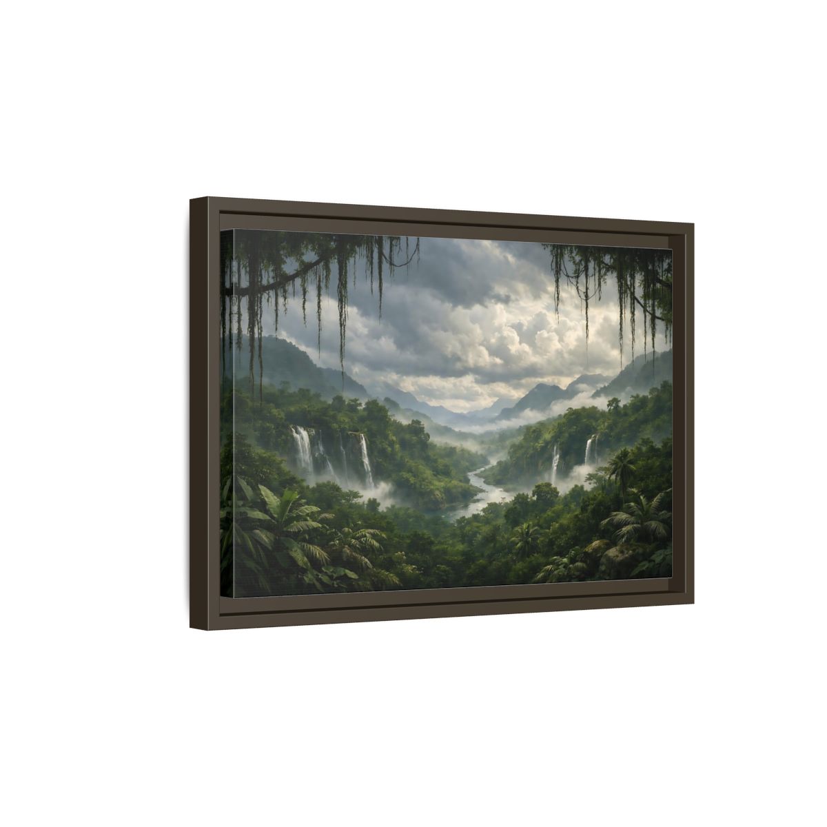 Side Mockup 5. Nature Jungle Waterfall Misty Rainforest shown as stretched canvas wall art