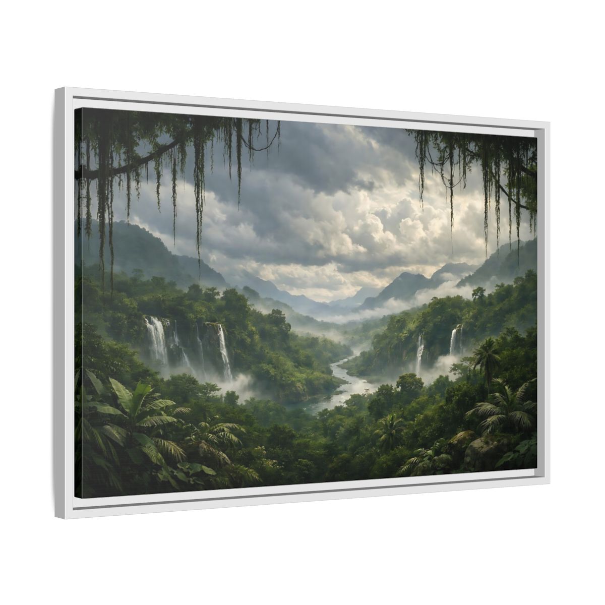 Side Mockup 10. Nature Jungle Waterfall Misty Rainforest shown as stretched canvas wall art