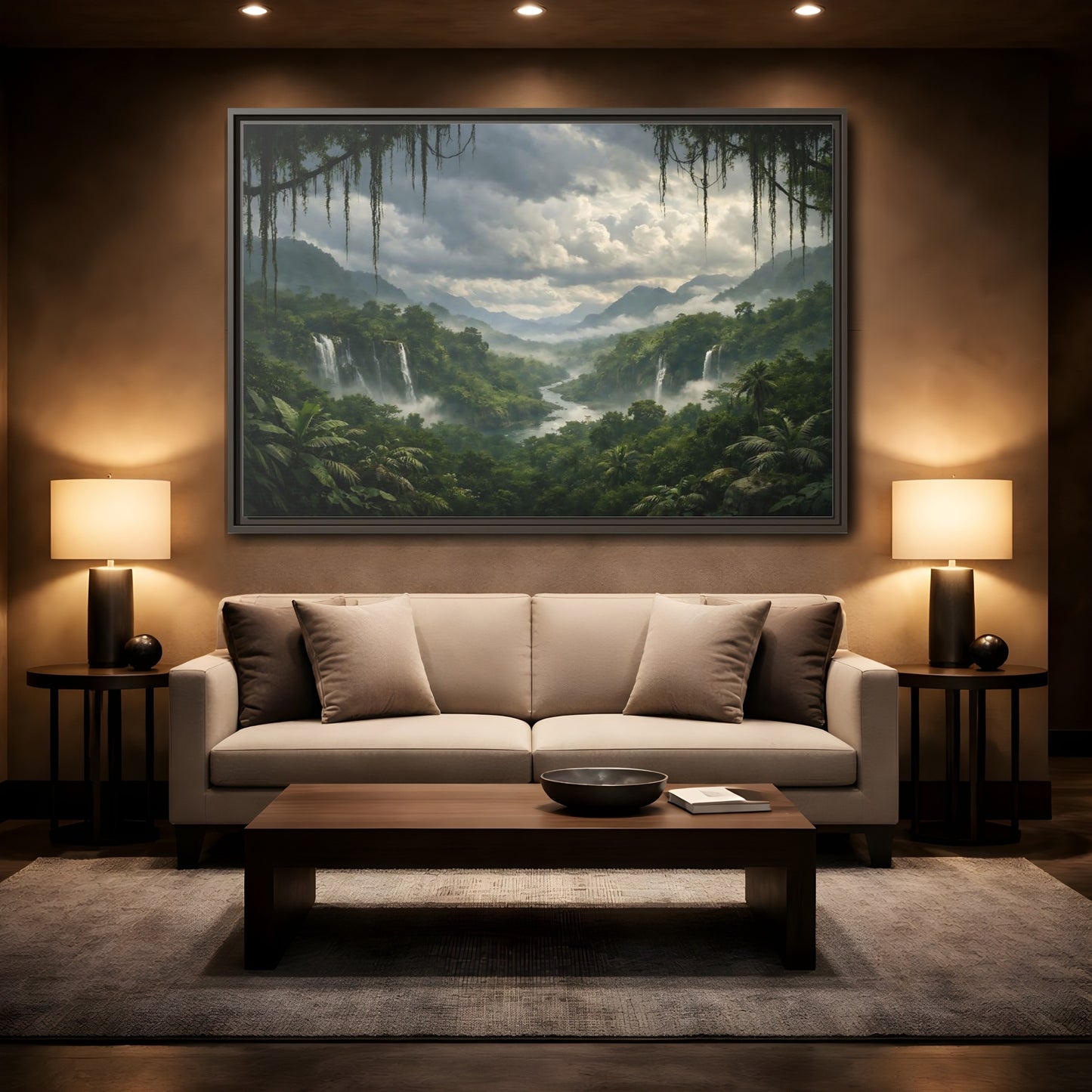 Mockup 2. Nature Jungle Waterfall Misty Rainforest shown as stretched canvas wall art
