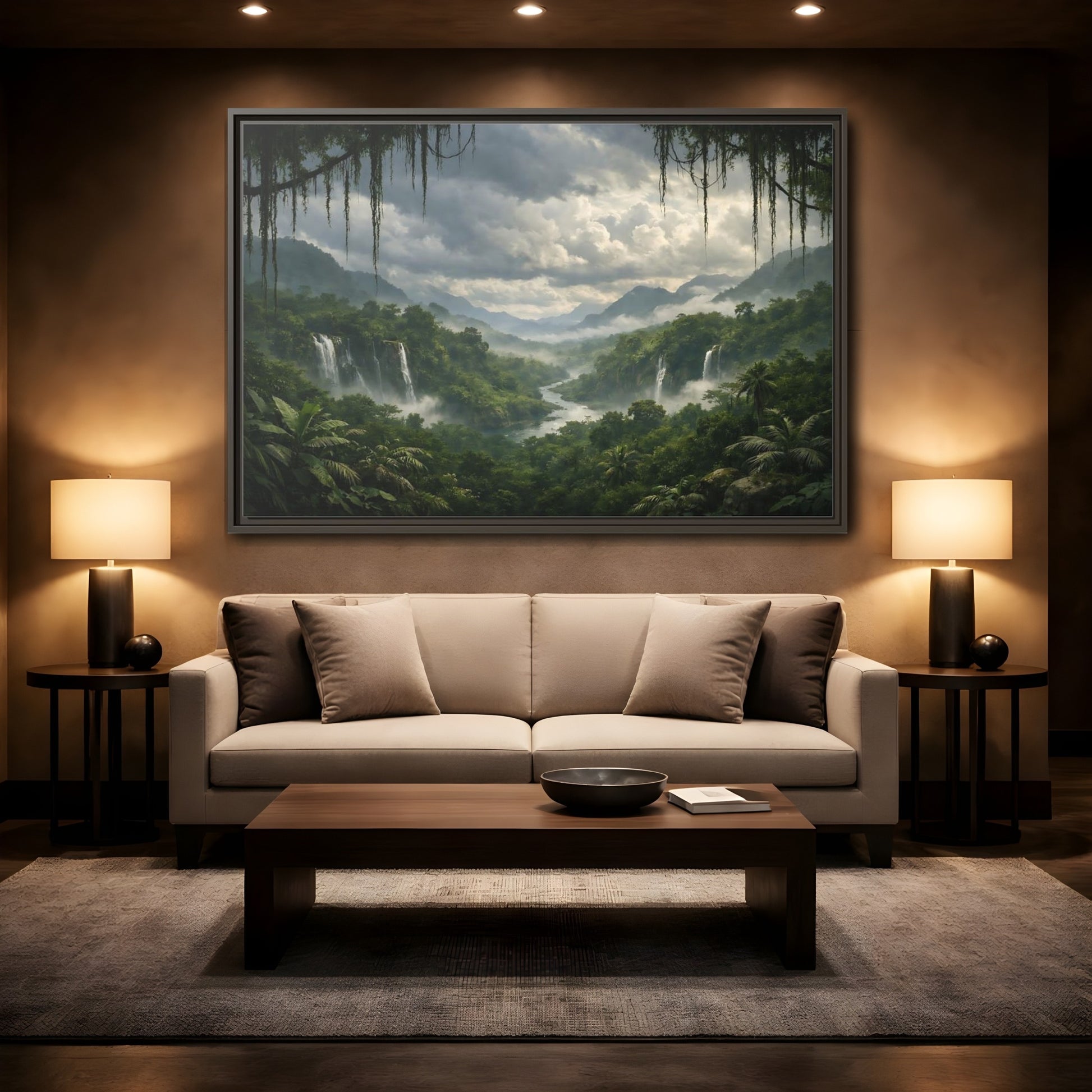 Mockup 2. Nature Jungle Waterfall Misty Rainforest shown as stretched canvas wall art