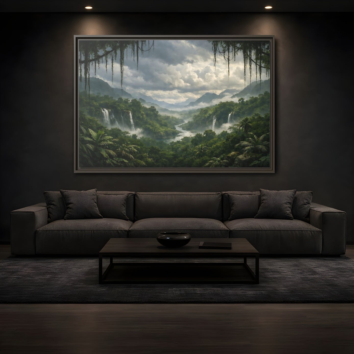Mockup 3. Nature Jungle Waterfall Misty Rainforest shown as stretched canvas wall art
