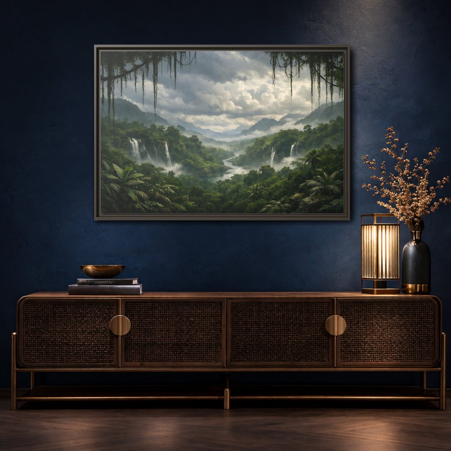 Mockup 4. Nature Jungle Waterfall Misty Rainforest shown as stretched canvas wall art