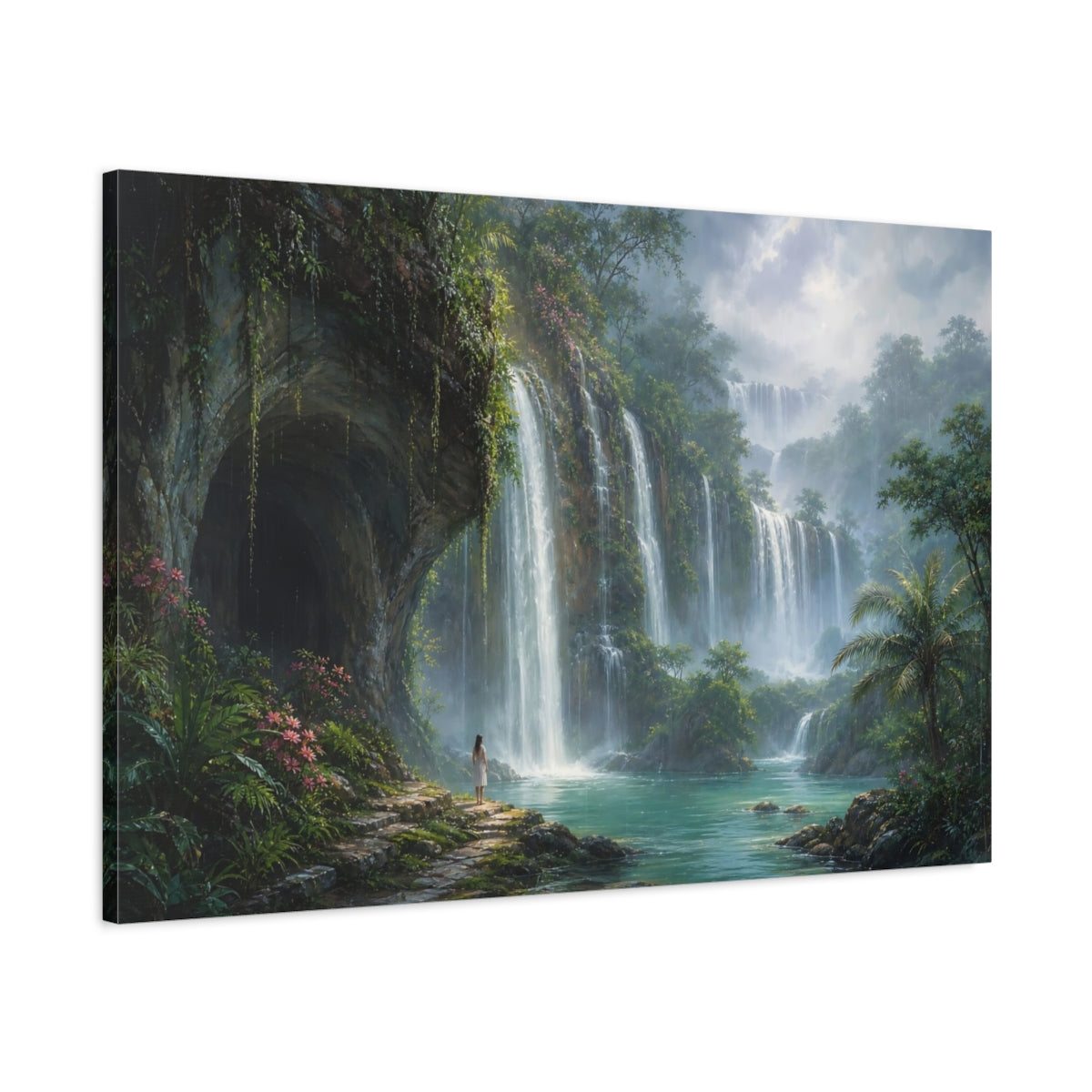 Main Mockup. Nature Jungle Waterfalls Green Blue shown as stretched canvas wall art