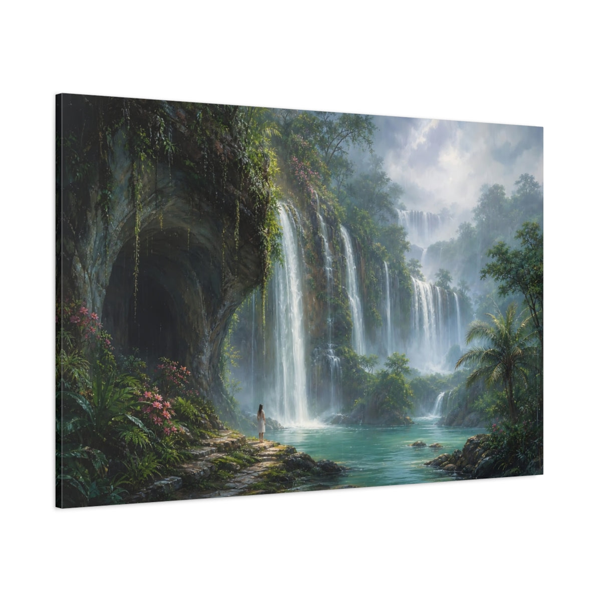 Side Mockup 1. Nature Jungle Waterfalls Green Blue shown as stretched canvas wall art