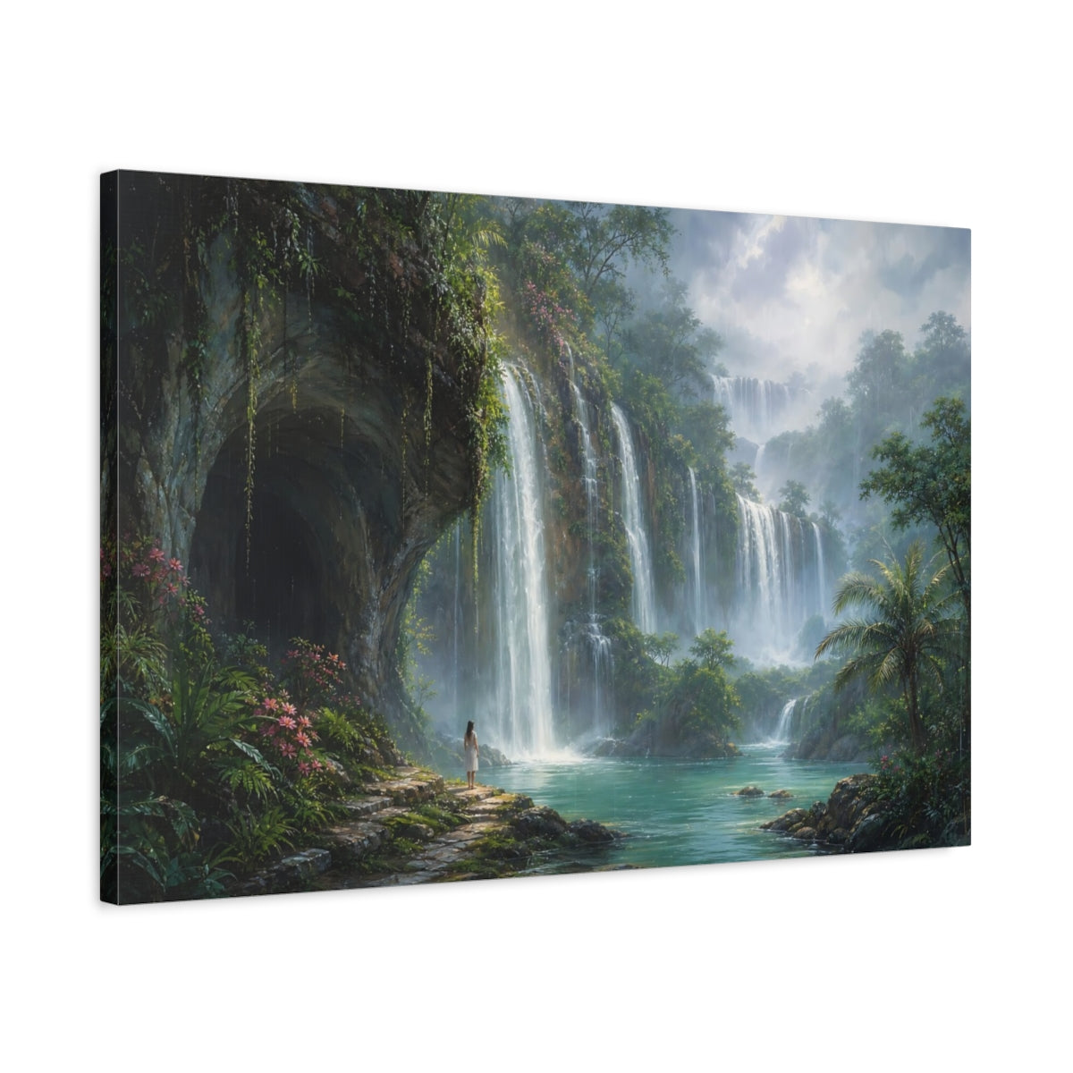 Side Mockup 2. Nature Jungle Waterfalls Green Blue shown as stretched canvas wall art
