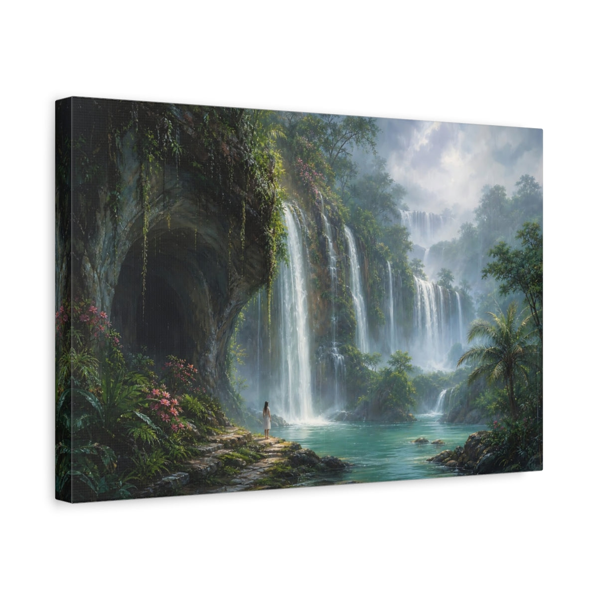 Side Mockup 4. Nature Jungle Waterfalls Green Blue shown as stretched canvas wall art