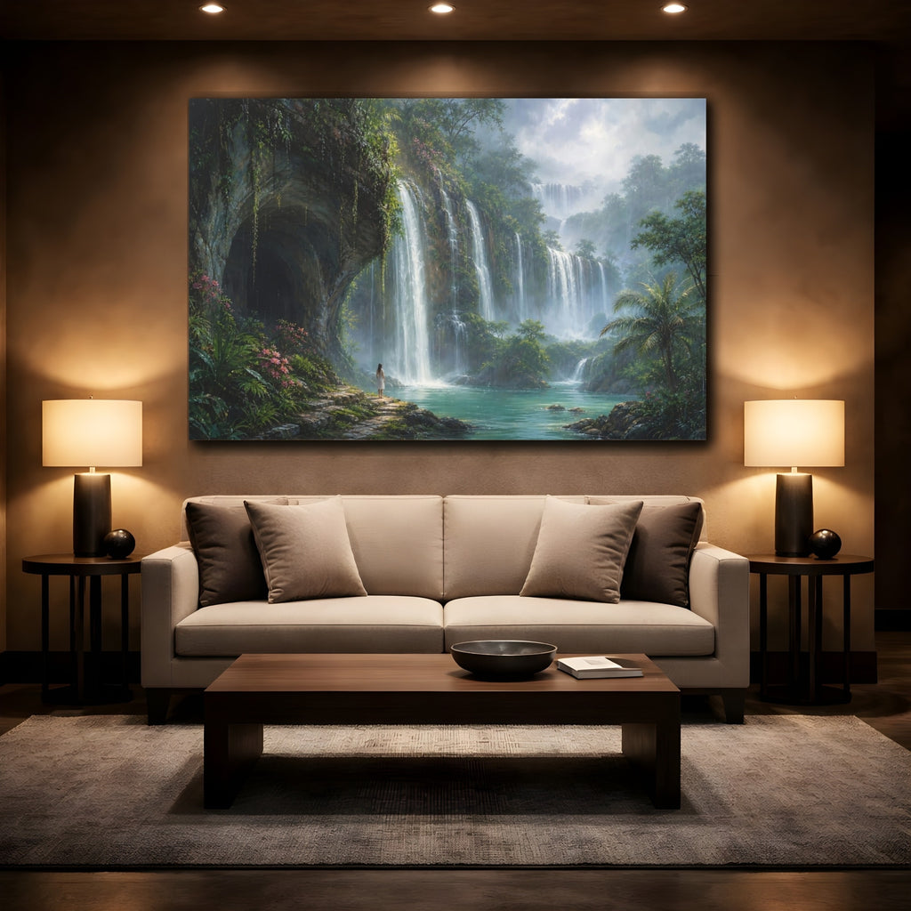 Mockup 2. Nature Jungle Waterfalls Green Blue shown as stretched canvas wall art