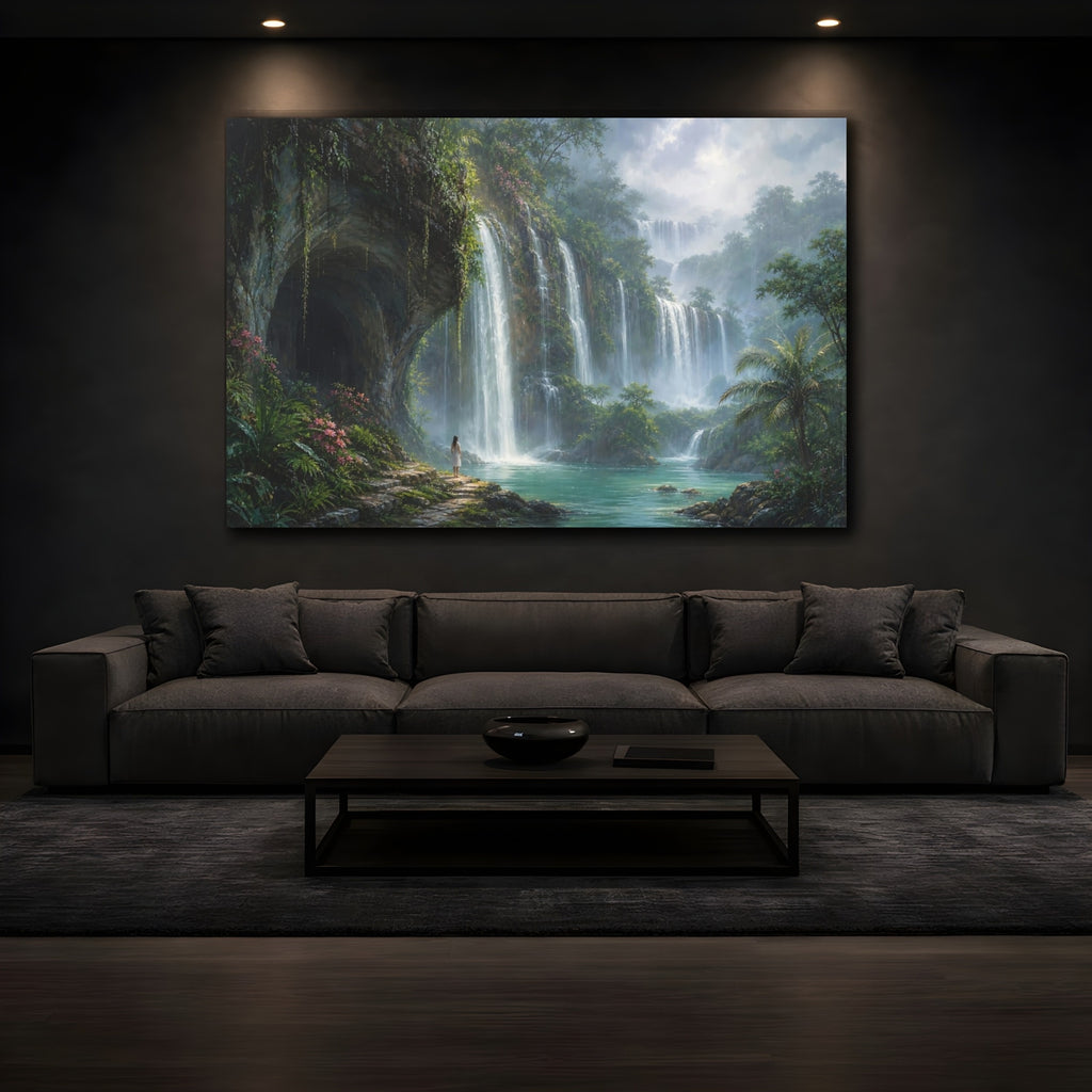Mockup 3. Nature Jungle Waterfalls Green Blue shown as stretched canvas wall art