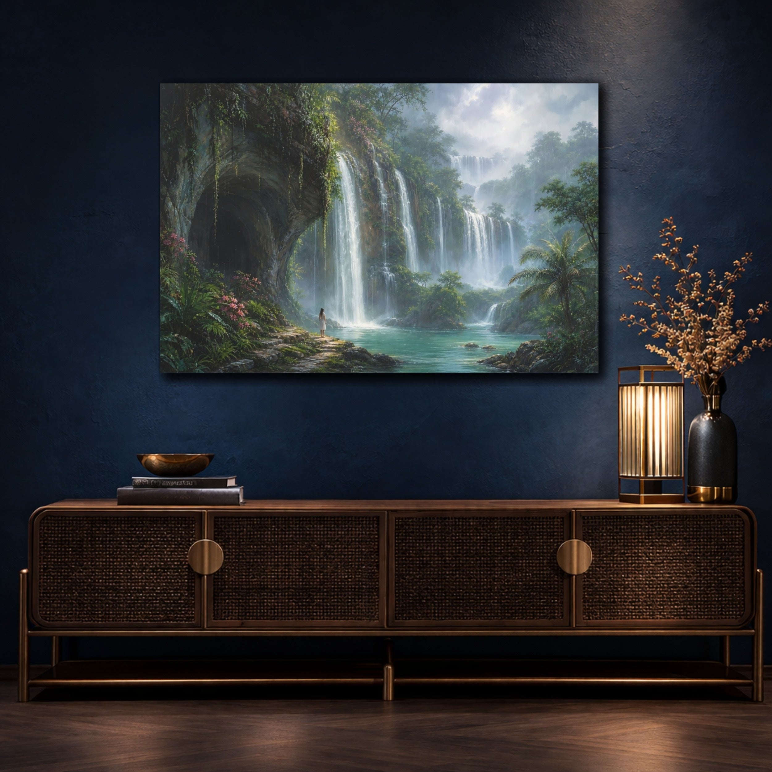 Mockup 4. Nature Jungle Waterfalls Green Blue shown as stretched canvas wall art