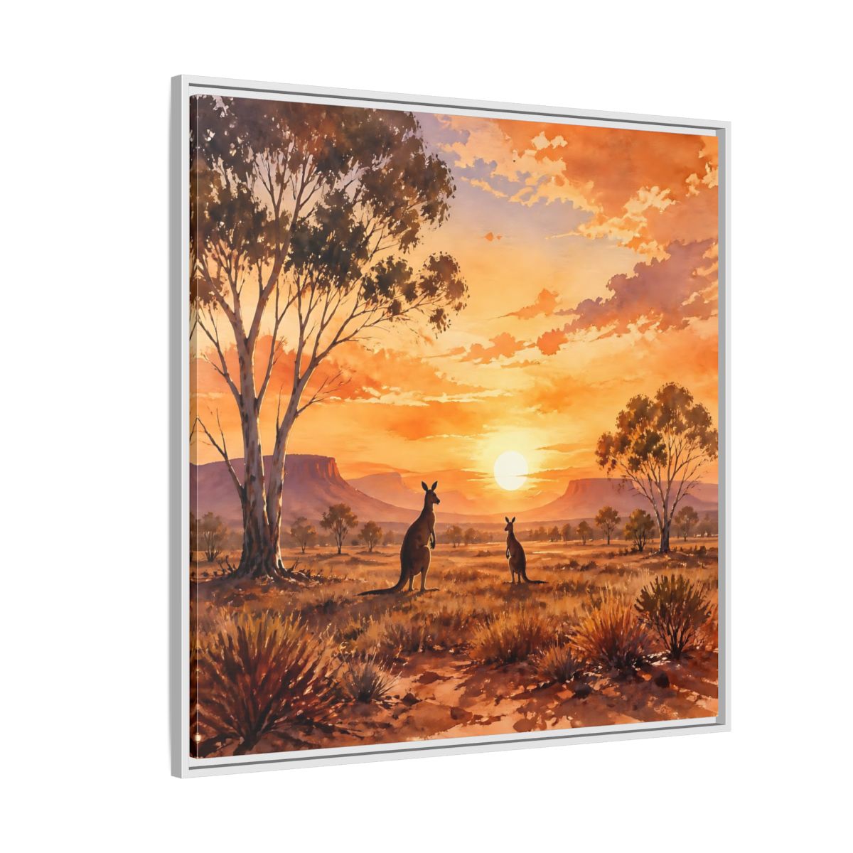 Side Mockup 4. Nature Kangaroos Orange Sunset Kangaroos shown as stretched canvas wall art