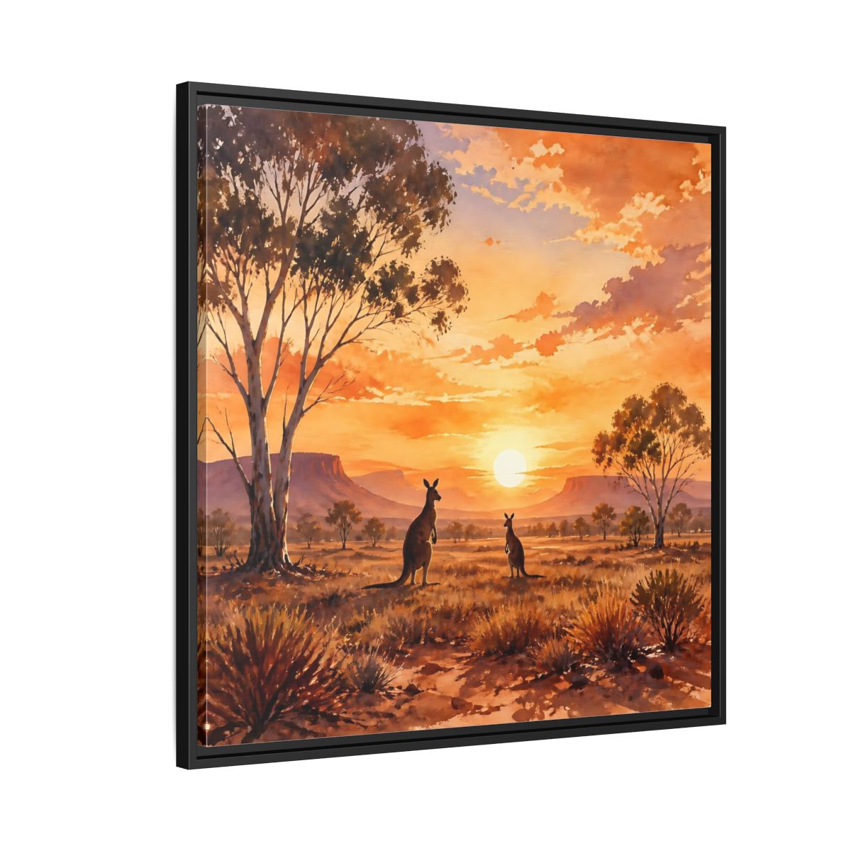 Side Mockup 9. Nature Kangaroos Orange Sunset Kangaroos shown as stretched canvas wall art