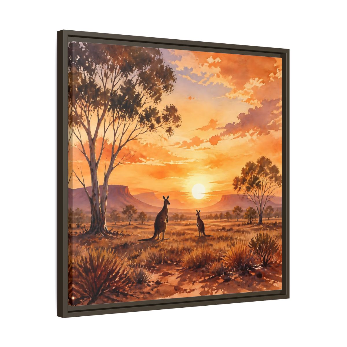 Side Mockup 27. Nature Kangaroos Orange Sunset Kangaroos shown as stretched canvas wall art
