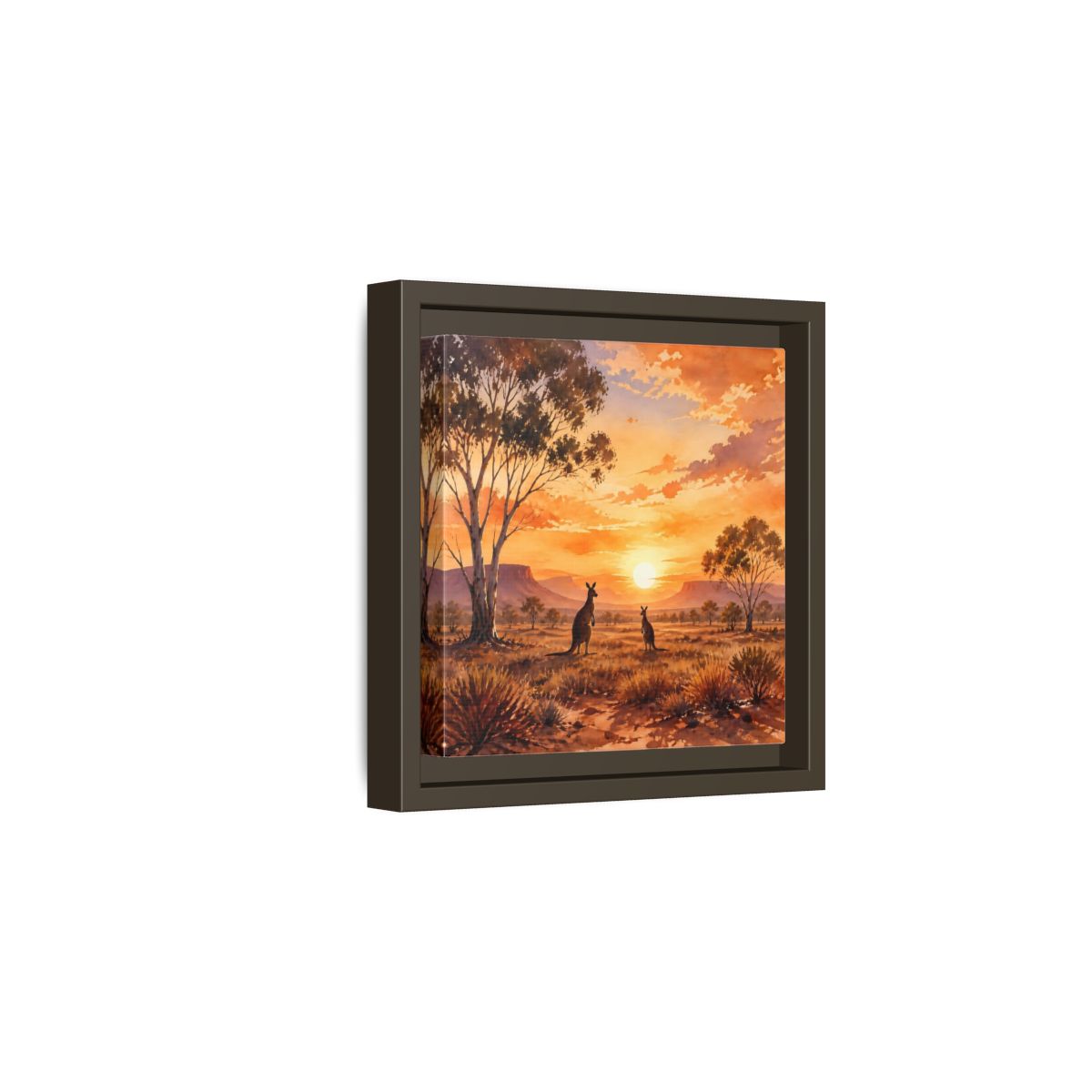 Side Mockup 2. Nature Kangaroos Orange Sunset Kangaroos shown as stretched canvas wall art