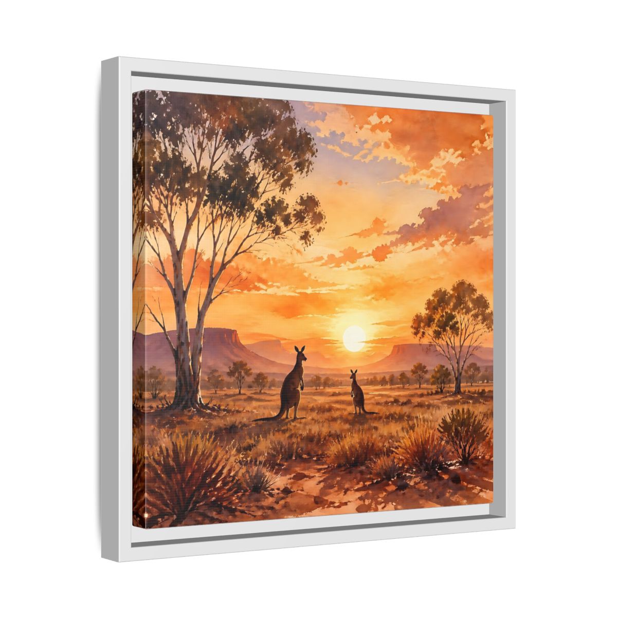 Side Mockup 28. Nature Kangaroos Orange Sunset Kangaroos shown as stretched canvas wall art