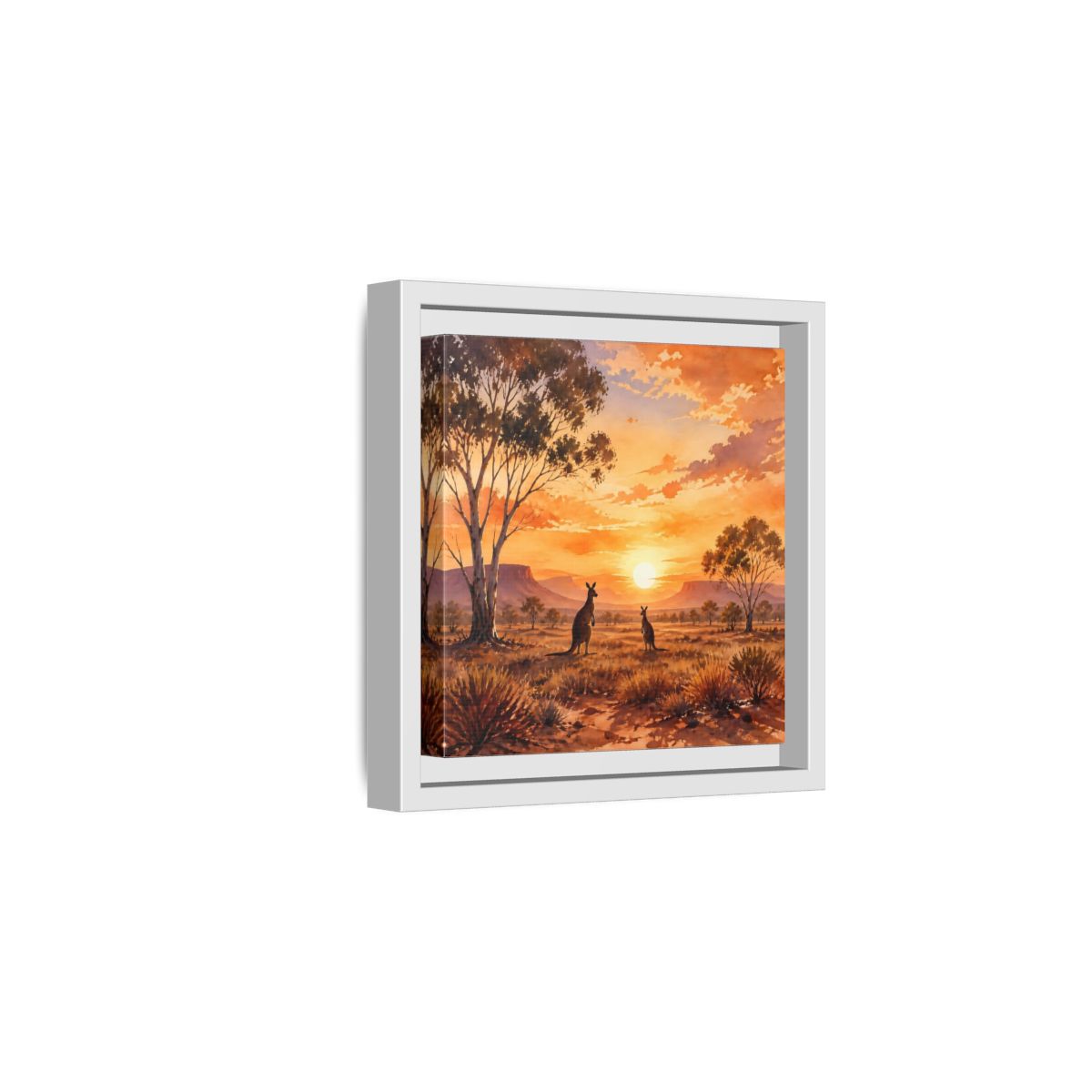 Side Mockup 1. Nature Kangaroos Orange Sunset Kangaroos shown as stretched canvas wall art