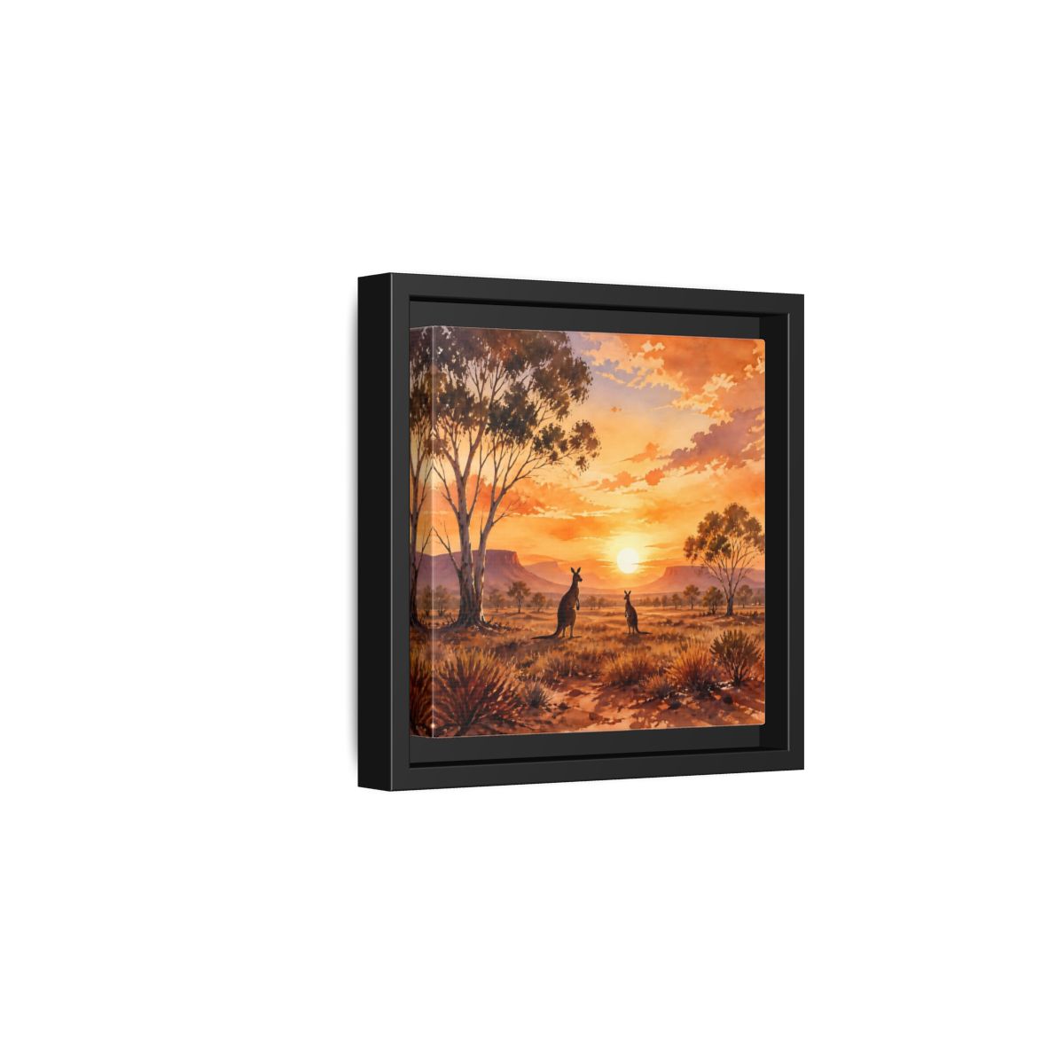 Side Mockup 3. Nature Kangaroos Orange Sunset Kangaroos shown as stretched canvas wall art