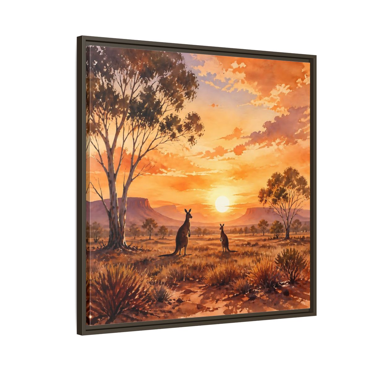 Side Mockup 8. Nature Kangaroos Orange Sunset Kangaroos shown as stretched canvas wall art