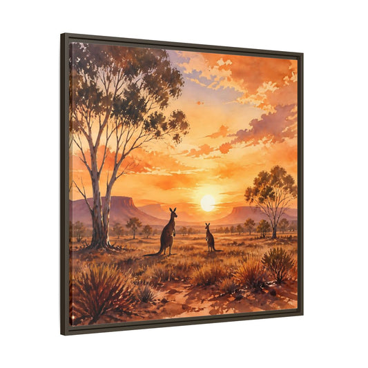 Main Mockup. Nature Kangaroos Orange Sunset Kangaroos shown as stretched canvas wall art