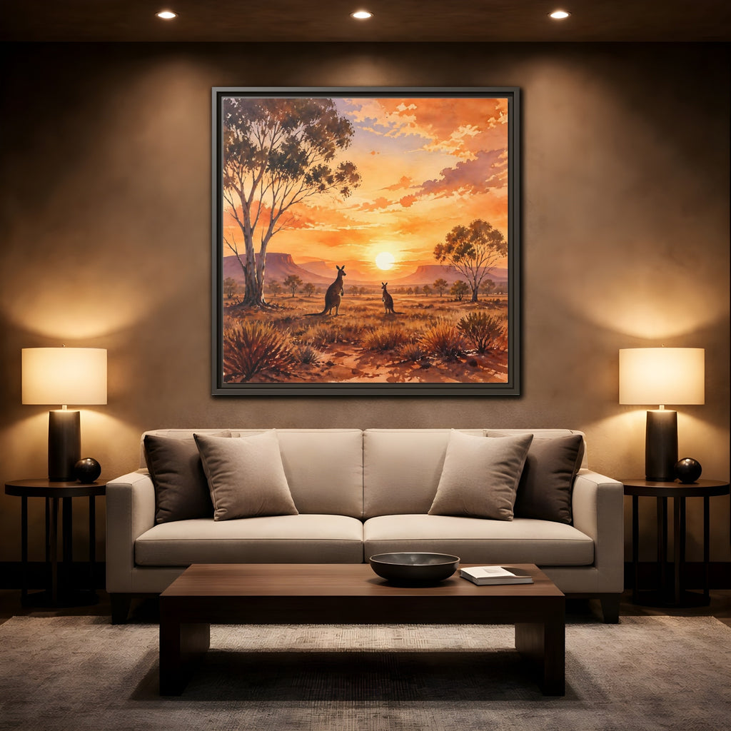 Mockup 2. Nature Kangaroos Orange Sunset Kangaroos shown as stretched canvas wall art