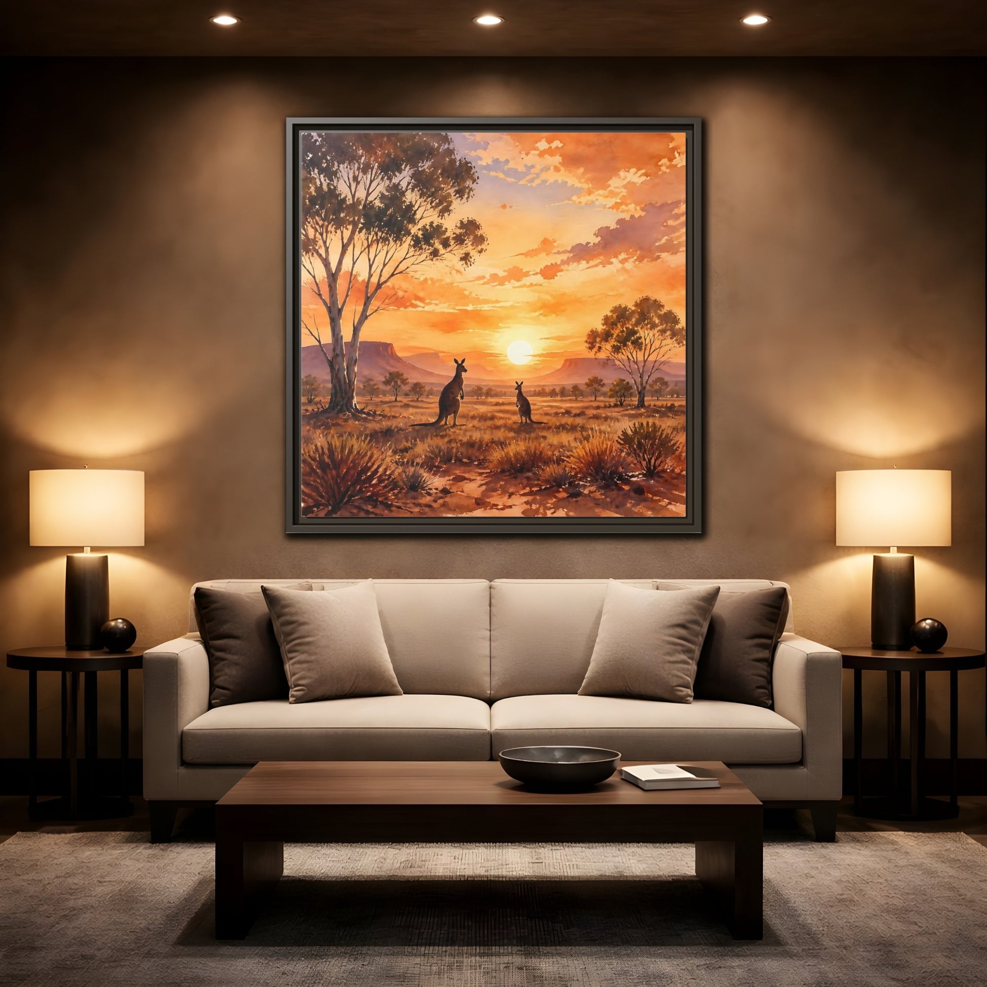 Mockup 2. Nature Kangaroos Orange Sunset Kangaroos shown as stretched canvas wall art