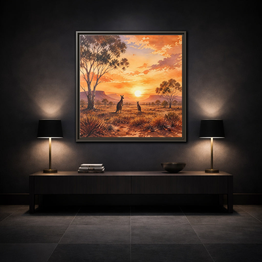 Mockup 3. Nature Kangaroos Orange Sunset Kangaroos shown as stretched canvas wall art