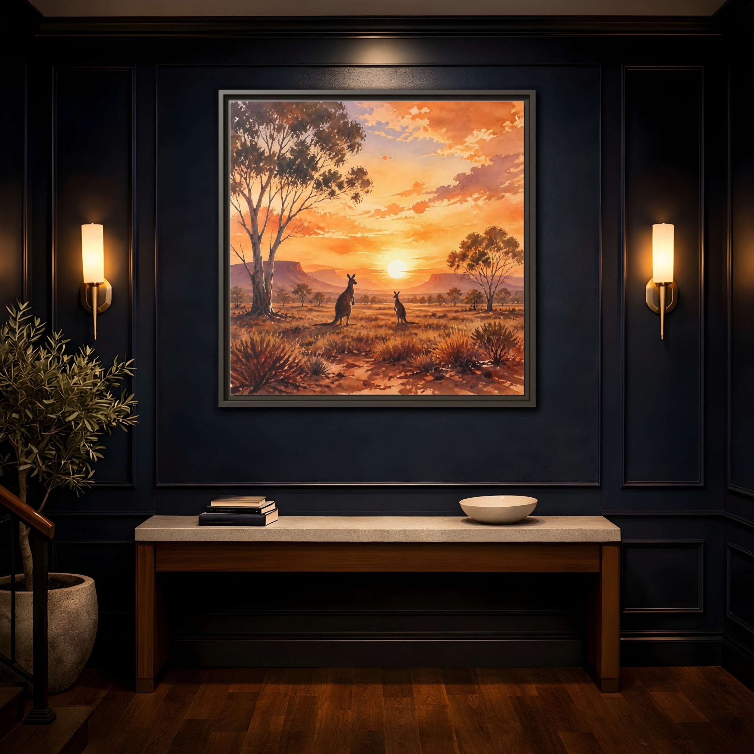 Mockup 4. Nature Kangaroos Orange Sunset Kangaroos shown as stretched canvas wall art