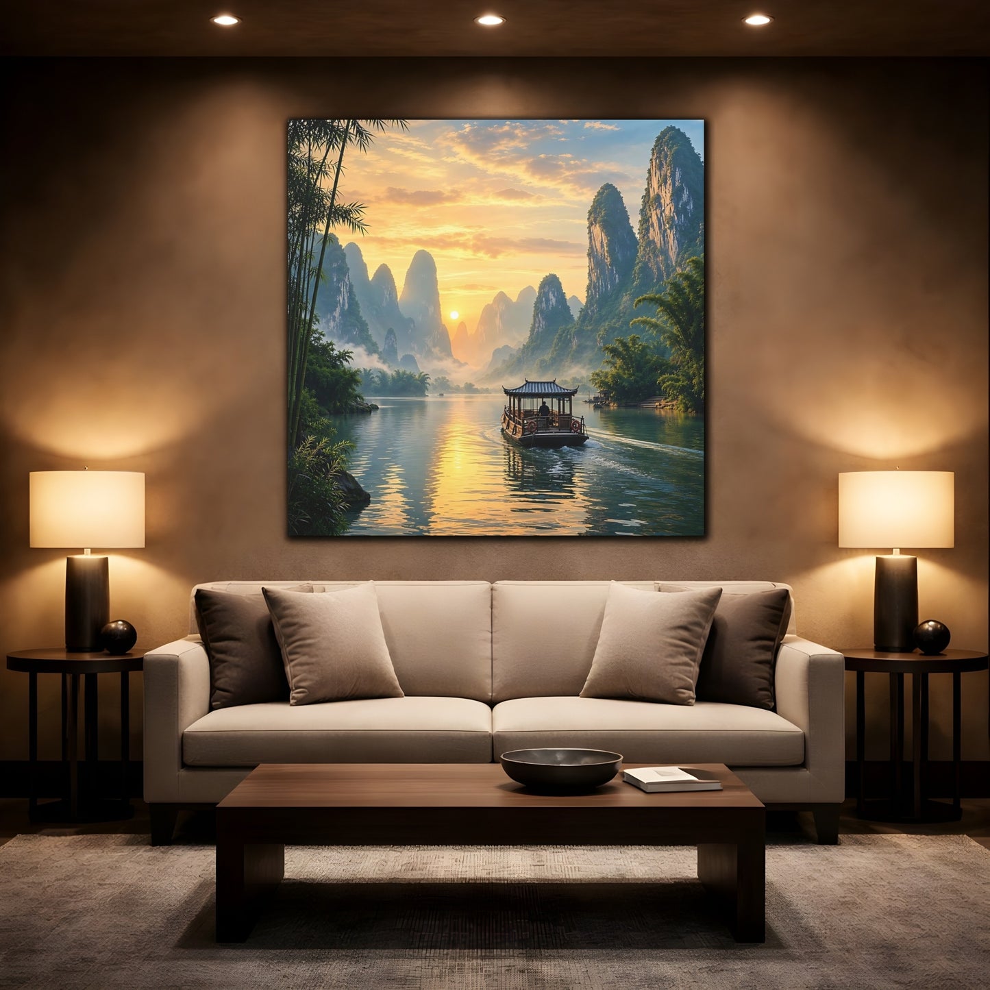 Mockup 2. Nature Karst Mountains Orange And Green Landscape shown as stretched canvas wall art