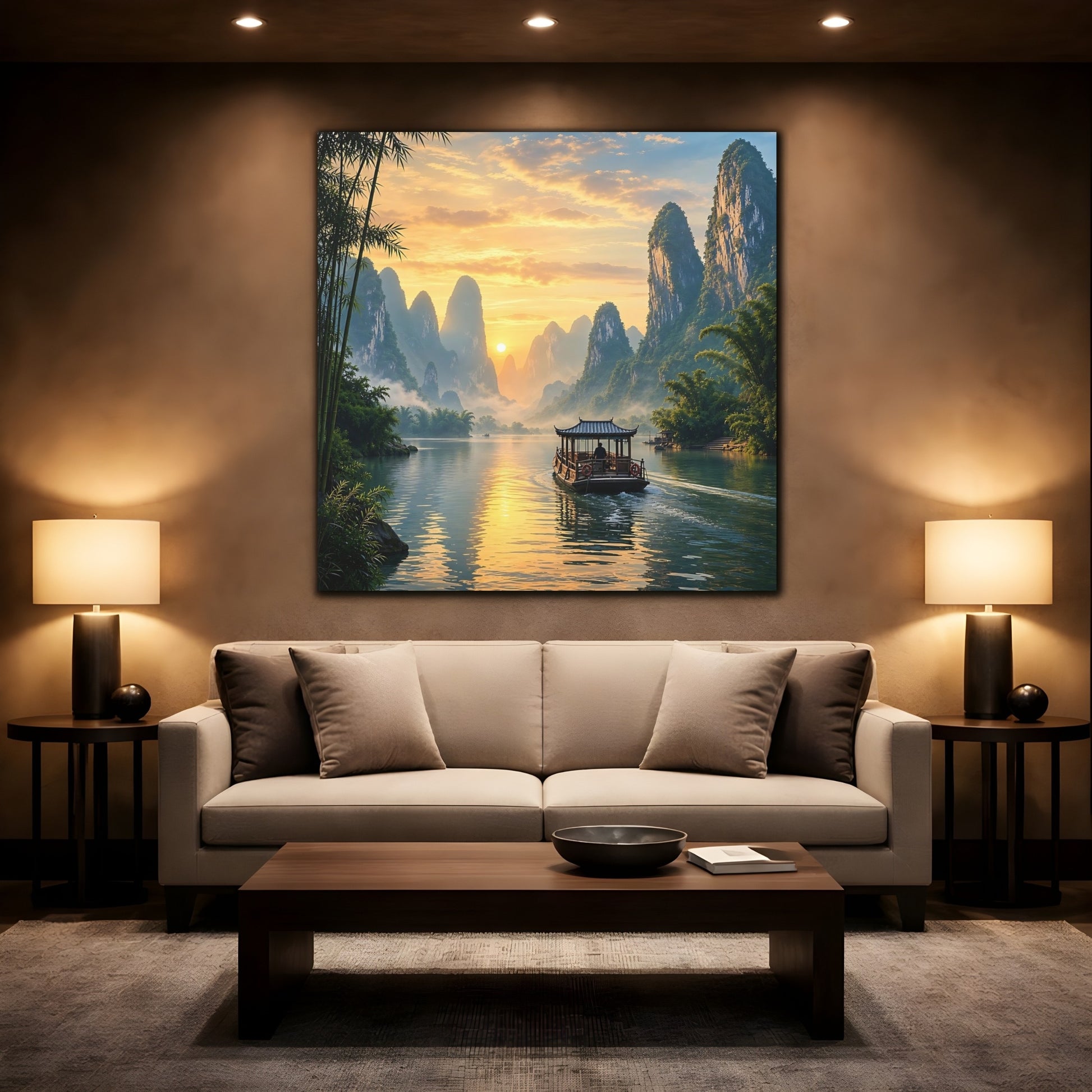 Mockup 2. Nature Karst Mountains Orange And Green Landscape shown as stretched canvas wall art