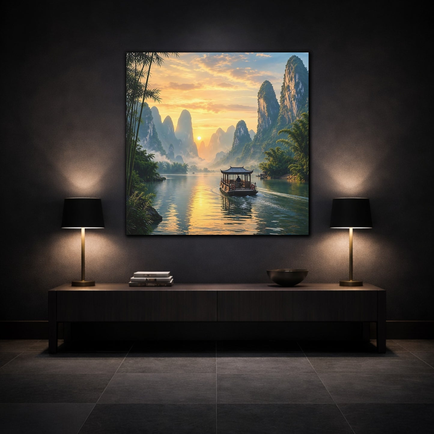 Mockup 3. Nature Karst Mountains Orange And Green Landscape shown as stretched canvas wall art