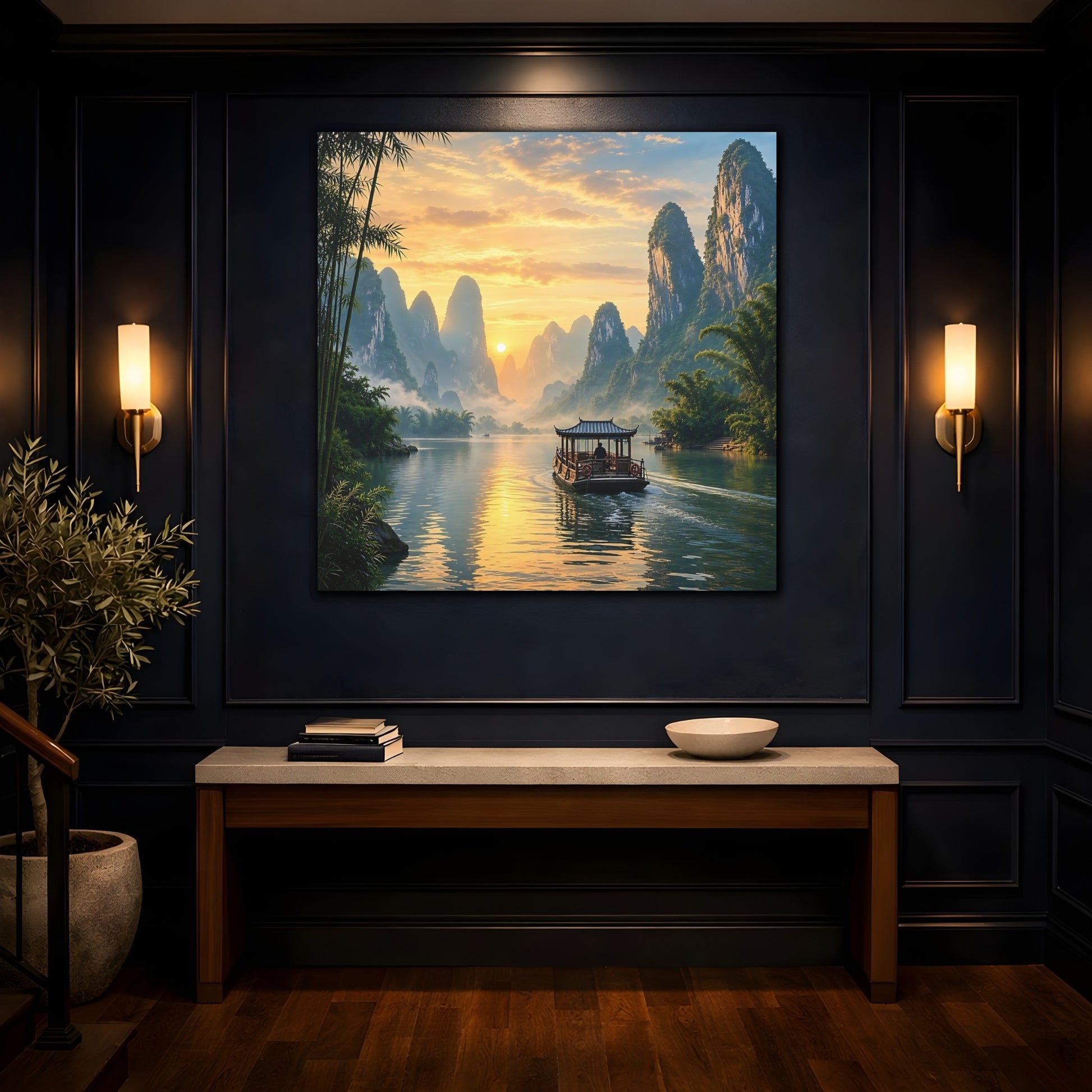 Mockup 4. Nature Karst Mountains Orange And Green Landscape shown as stretched canvas wall art