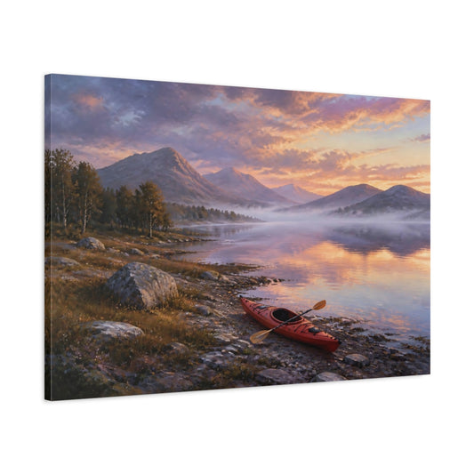 Main Mockup. Nature Kayak Sunset Lake Landscape shown as stretched canvas wall art