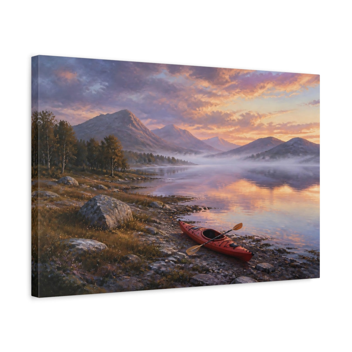 Side Mockup 3. Nature Kayak Sunset Lake Landscape shown as stretched canvas wall art
