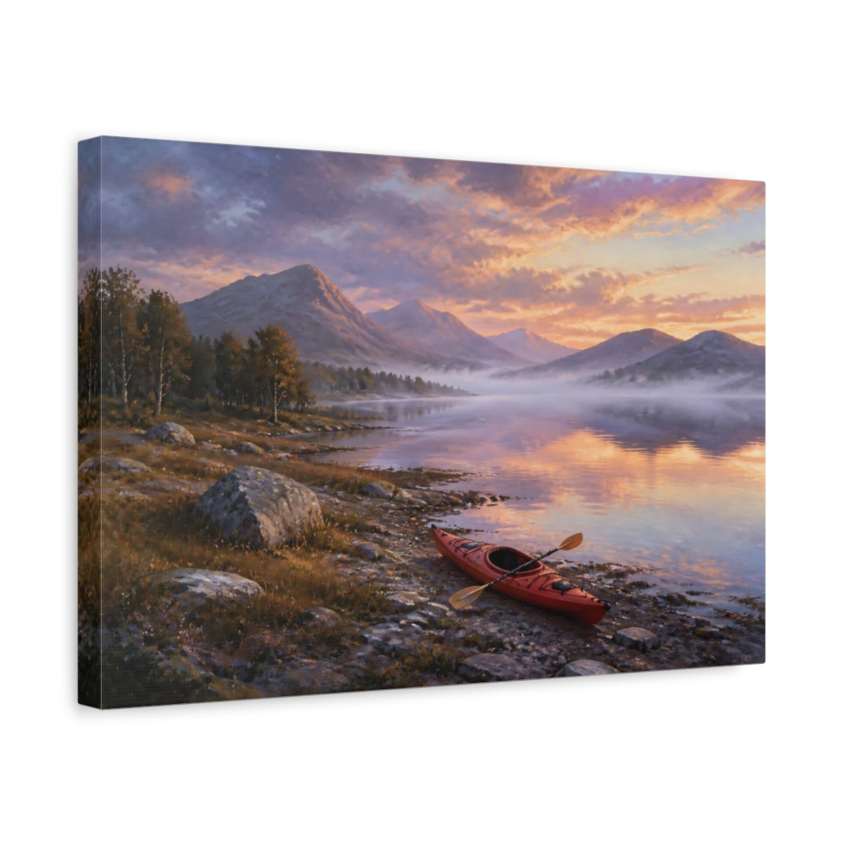 Side Mockup 4. Nature Kayak Sunset Lake Landscape shown as stretched canvas wall art