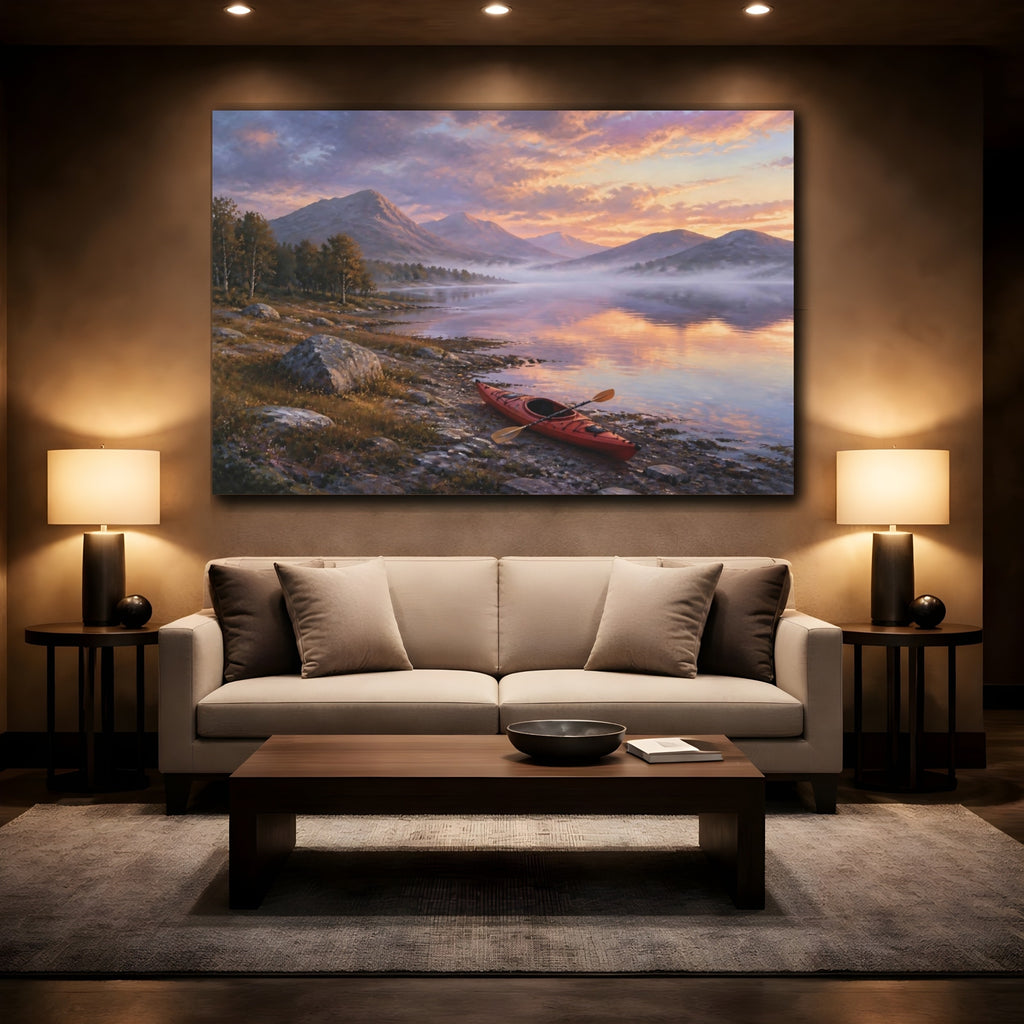Mockup 2. Nature Kayak Sunset Lake Landscape shown as stretched canvas wall art