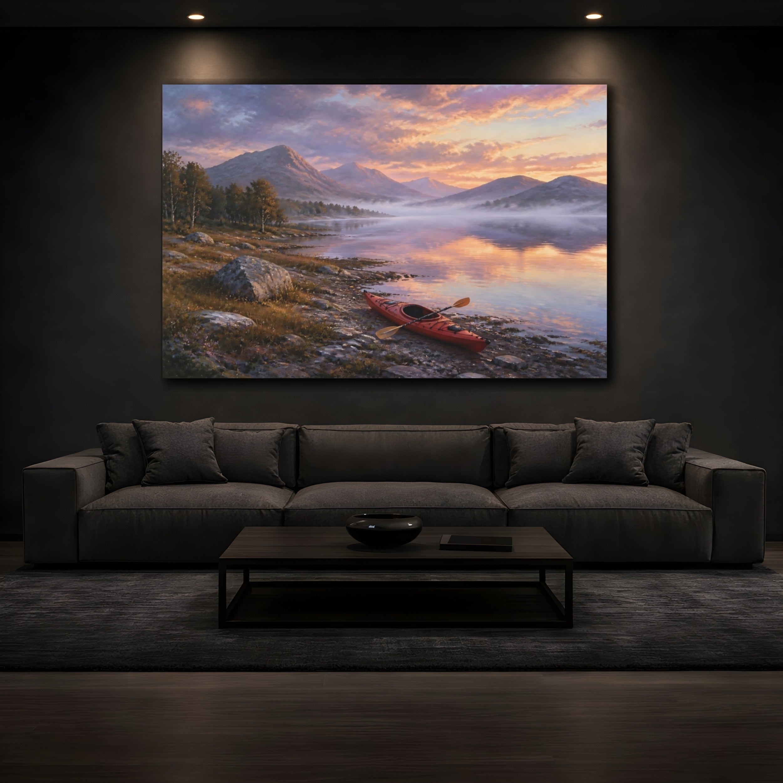 Mockup 3. Nature Kayak Sunset Lake Landscape shown as stretched canvas wall art