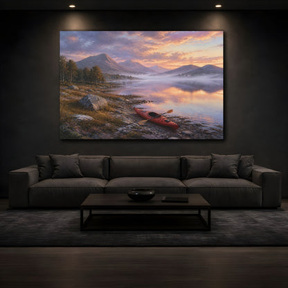 Mockup 3. Nature Kayak Sunset Lake Landscape shown as stretched canvas wall art